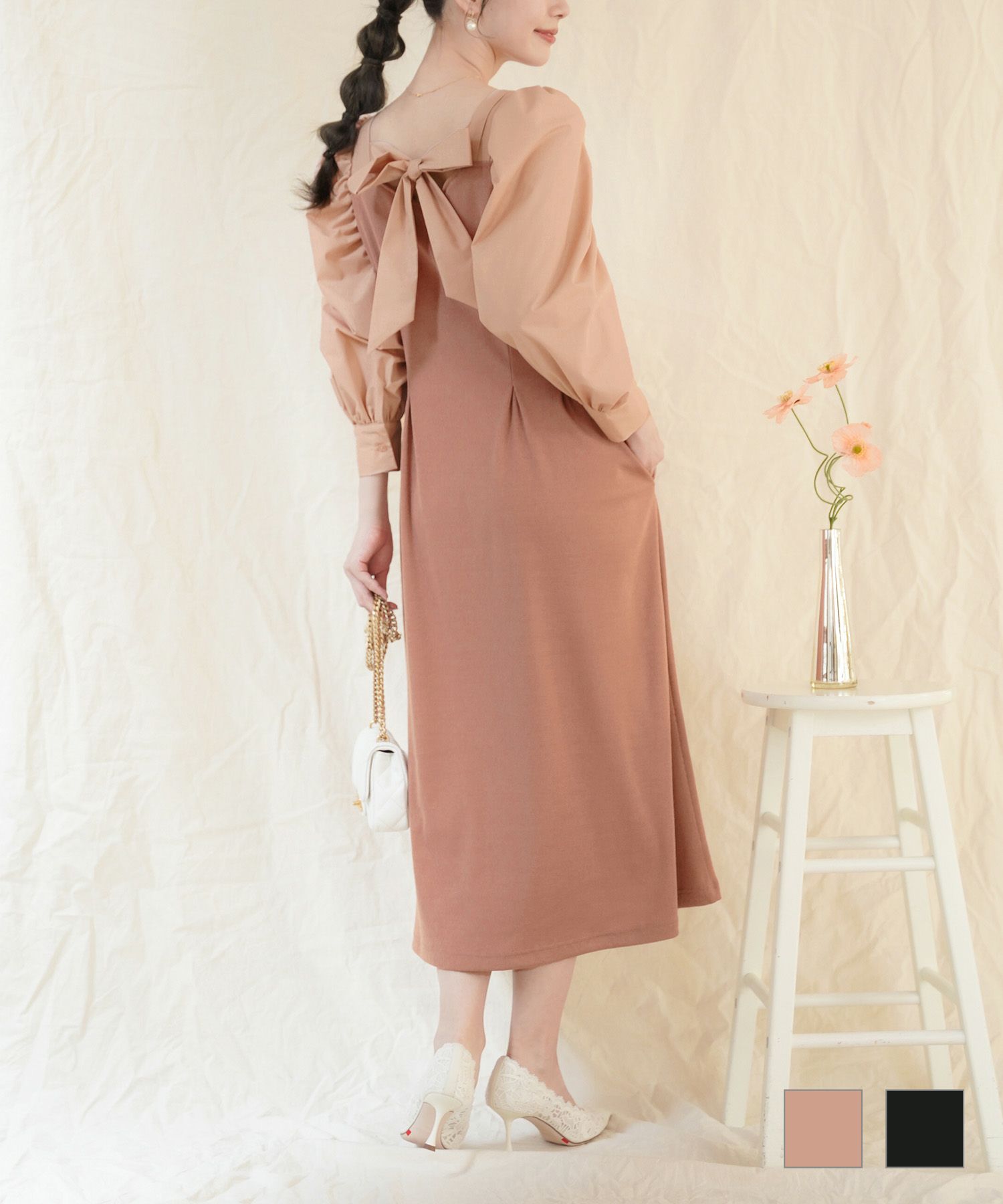 リブカット パワショルギャザー バックリボン ワンピース le reve  