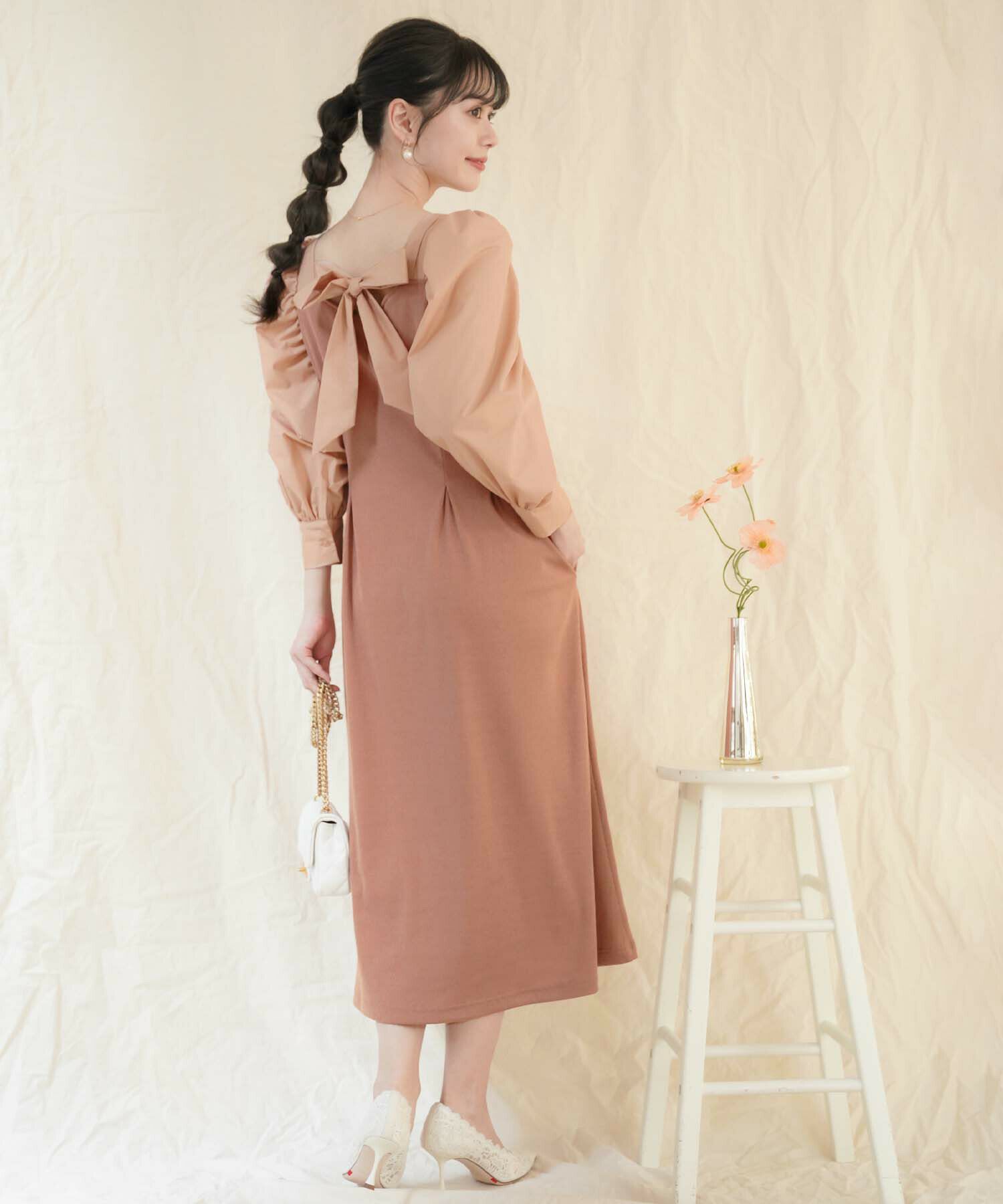 リブカット パワショルギャザー バックリボン ワンピース le reve  