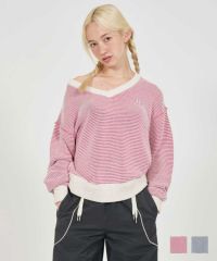 Early-Autumn-SALE Vネック ボーダーニットプルオーバー TINA