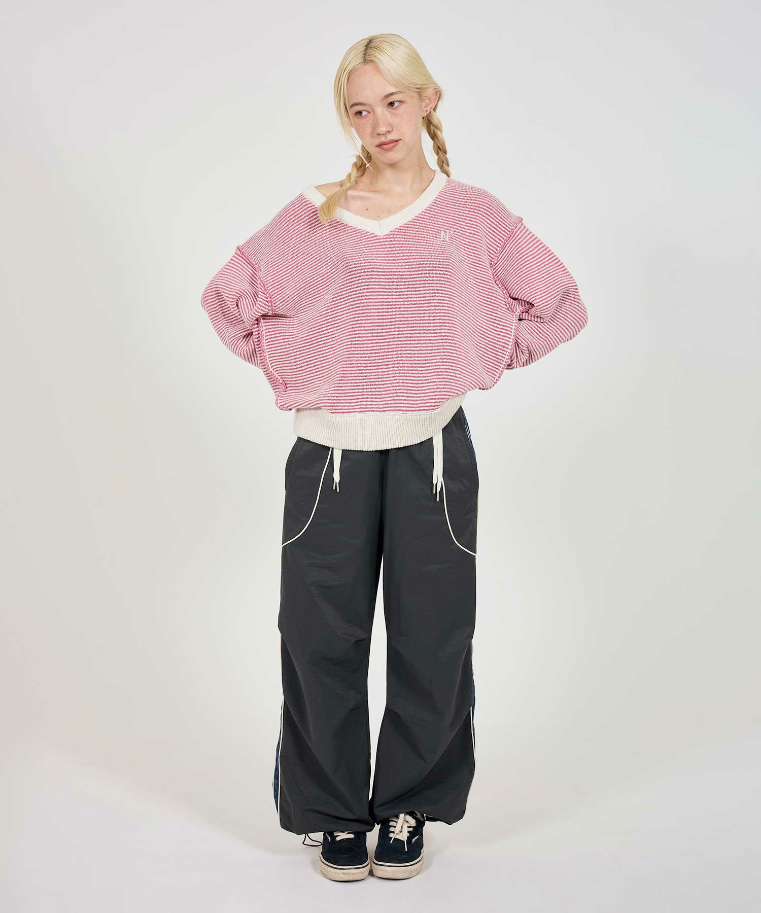 FINAL-SALE Vネック ボーダーニットプルオーバー TINA：JOJUN 全2色