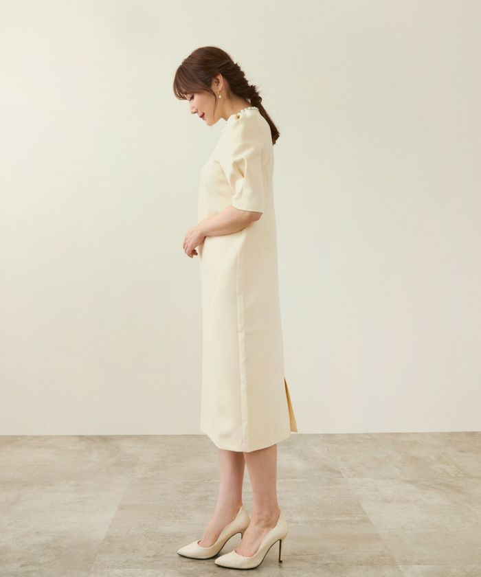 CLEARANCE-SALE ネックパール トリミング パフ袖 ワンピース