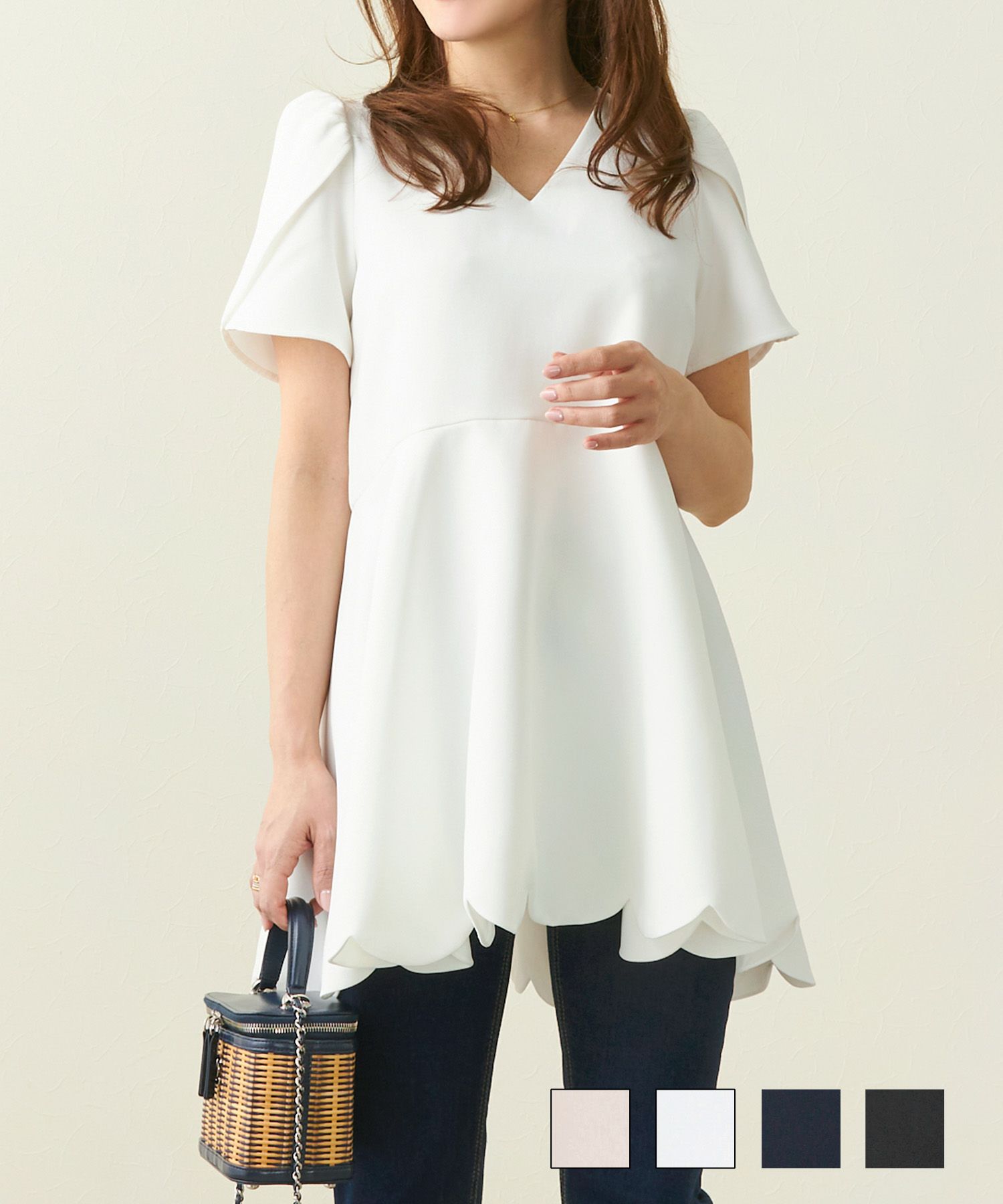 スカラップペプラムチューリップスリーブブラウスLiala×PG