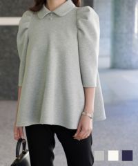 襟付き ボンディング フレア トップス HUIT 杢グレー/アイボリー/ネイビー