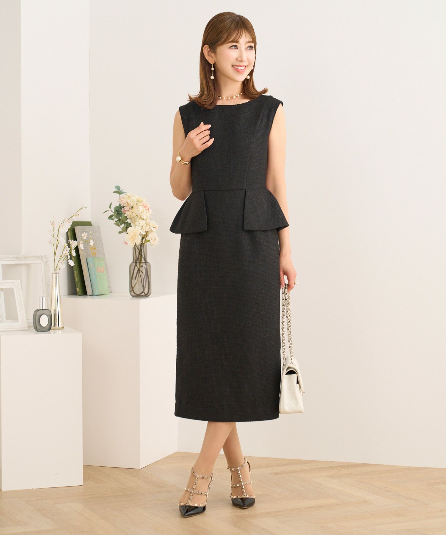 ワンピースレディースファッション服春ピンク黒白ツイード裏地付きおしゃれかわいいお呼ばれ入学式ジョイントスペース