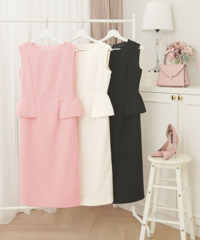 ワンピースレディースファッション服春ピンク黒白ツイード裏地付きおしゃれかわいいお呼ばれ入学式ジョイントスペース