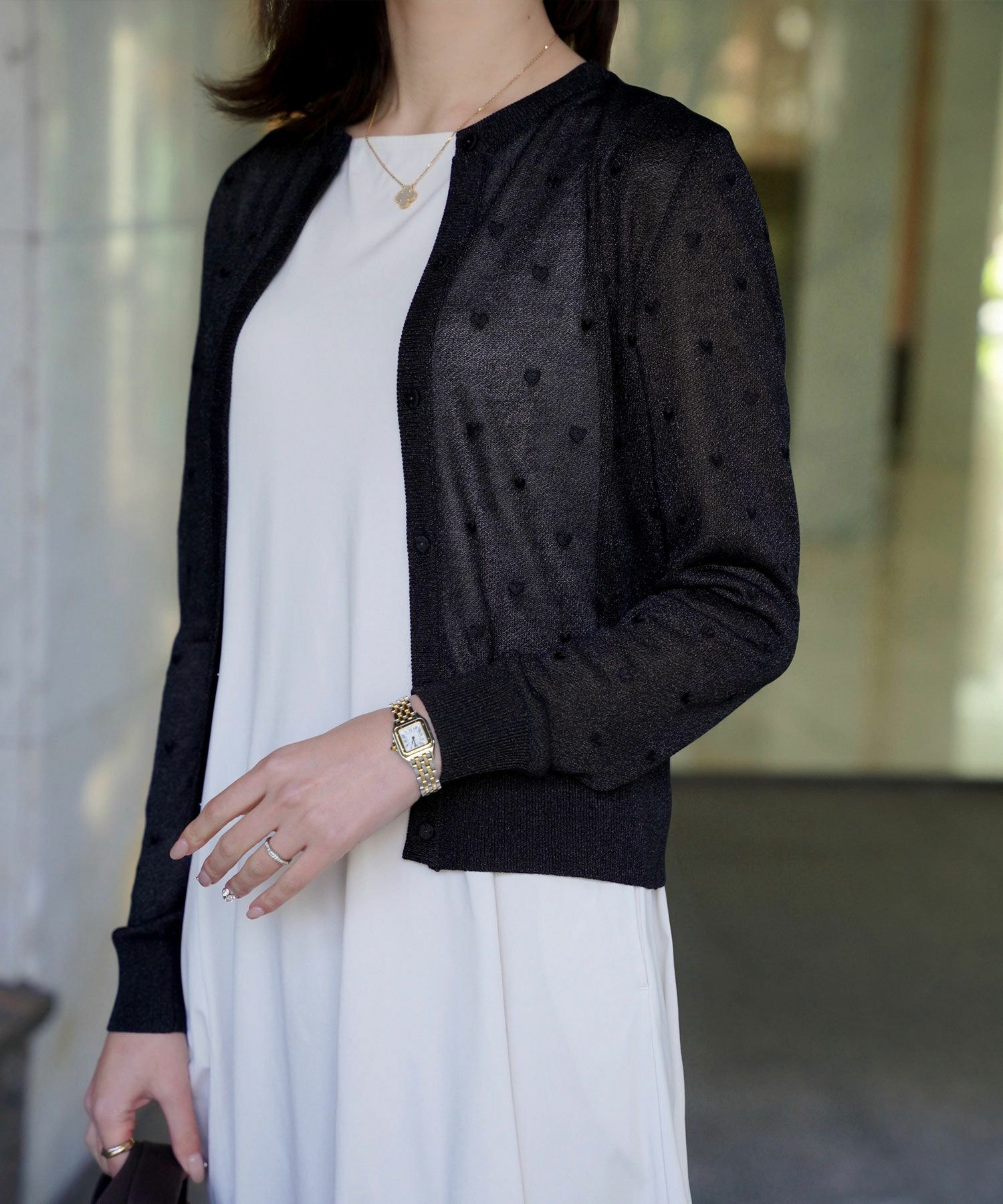 カーディガン/ドット柄/ラメ/シアーニット/カーディガン/チャコール/ハートホワイト/ハートブラック/ライトグレー/ホワイト/ネイビー/ブラック/S/M