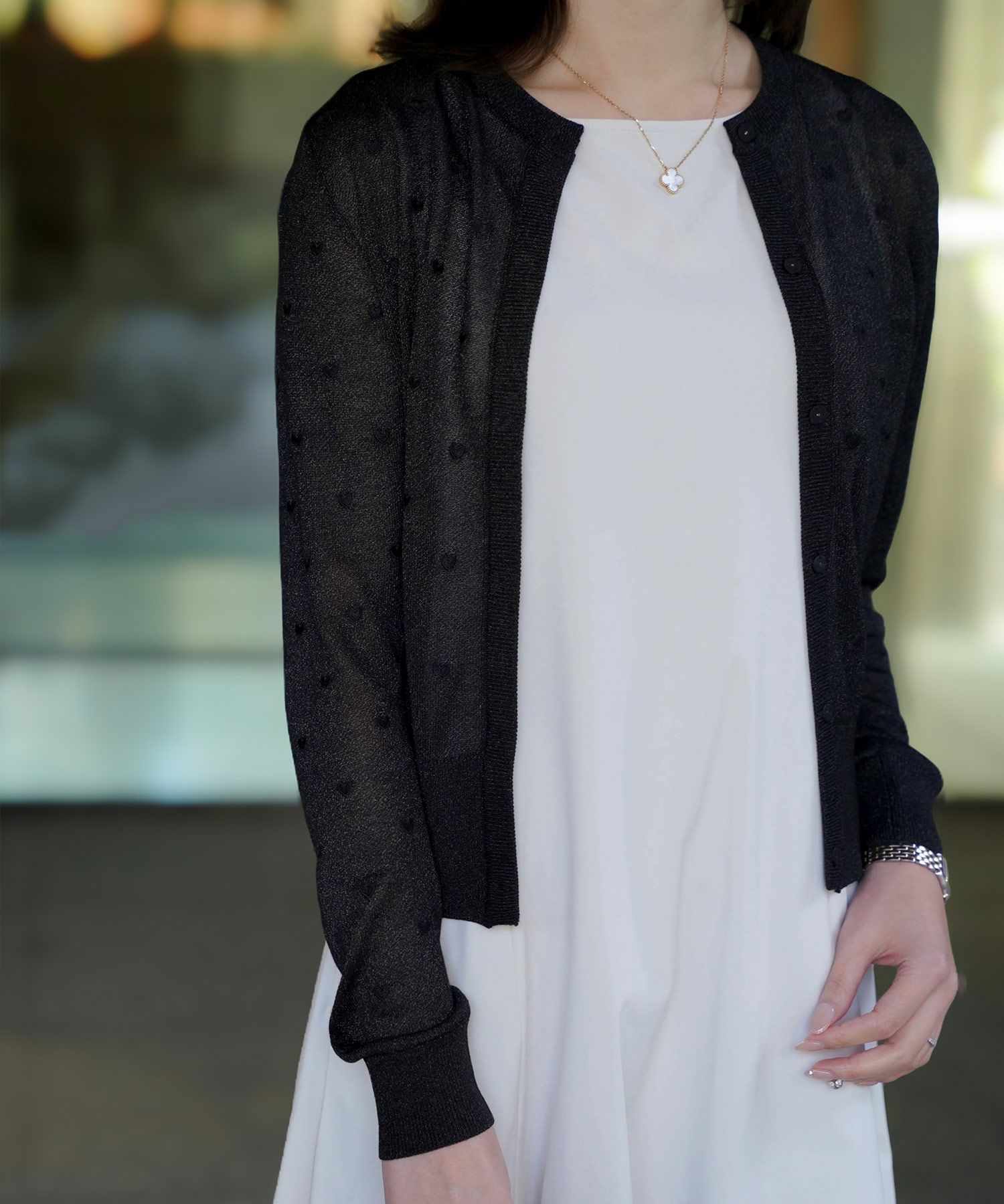 カーディガン/ドット柄/ラメ/シアーニット/カーディガン/チャコール/ハートホワイト/ハートブラック/ライトグレー/ホワイト/ネイビー/ブラック/S/M