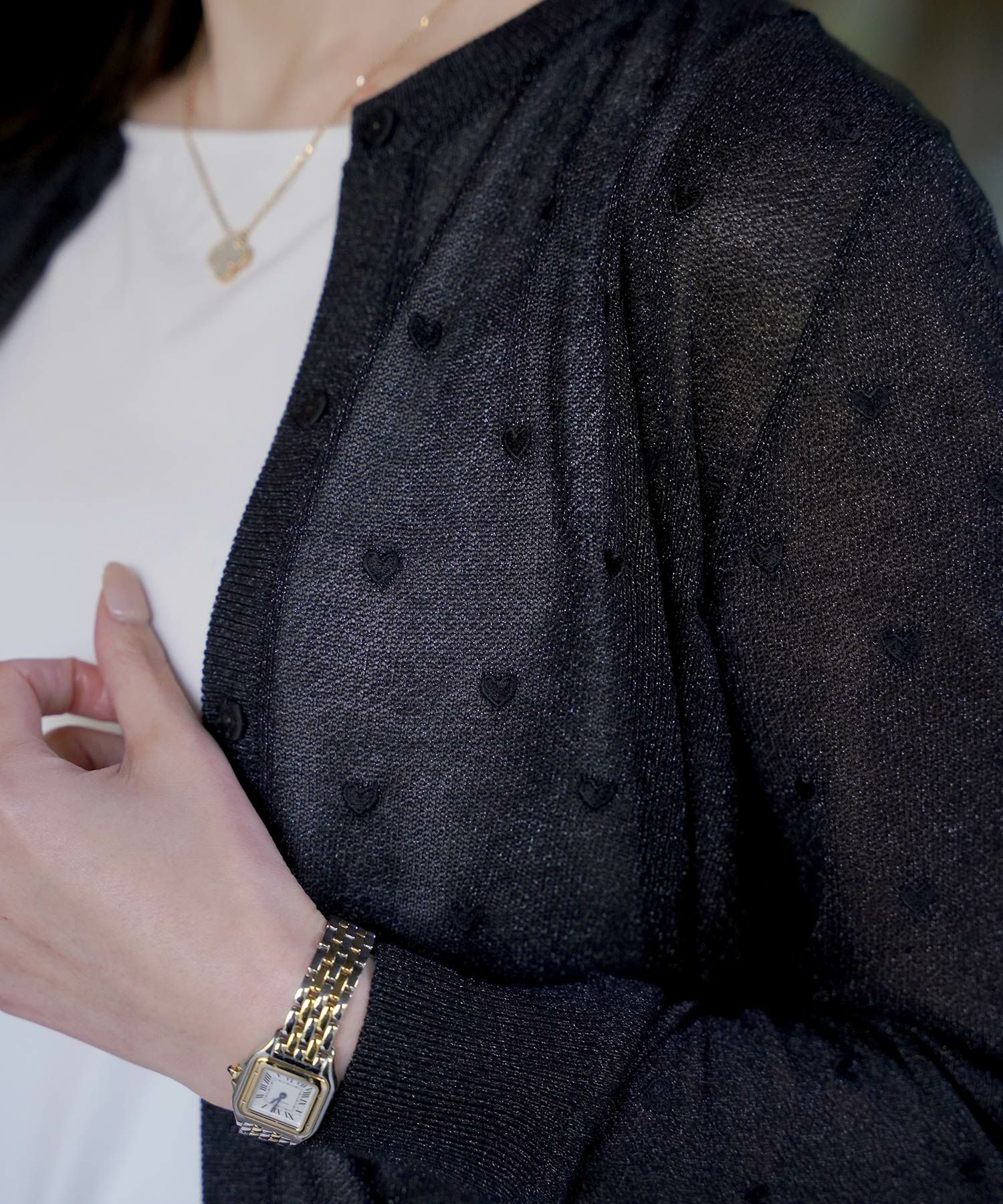 カーディガン/ドット柄/ラメ/シアーニット/カーディガン/チャコール/ハートホワイト/ハートブラック/ライトグレー/ホワイト/ネイビー/ブラック/S/M