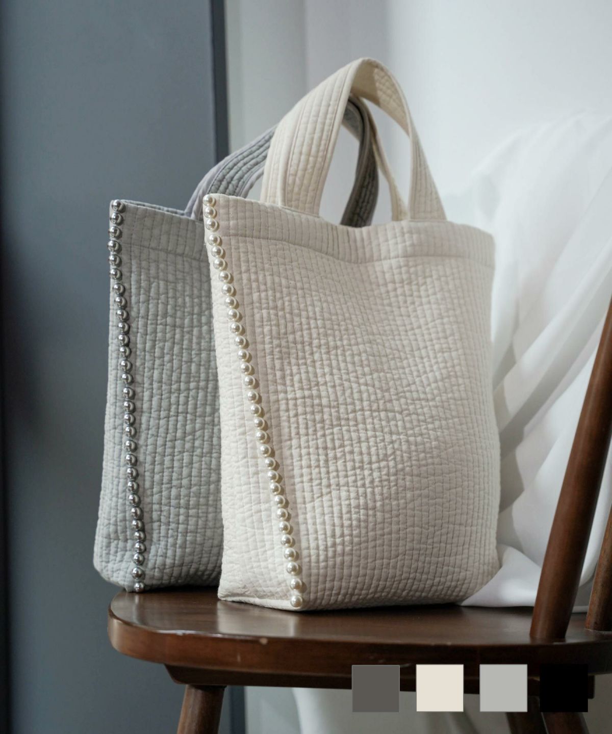 縦長パールトリムヌビバッグHUITチャコール/ブラック/アイボリー/グレー