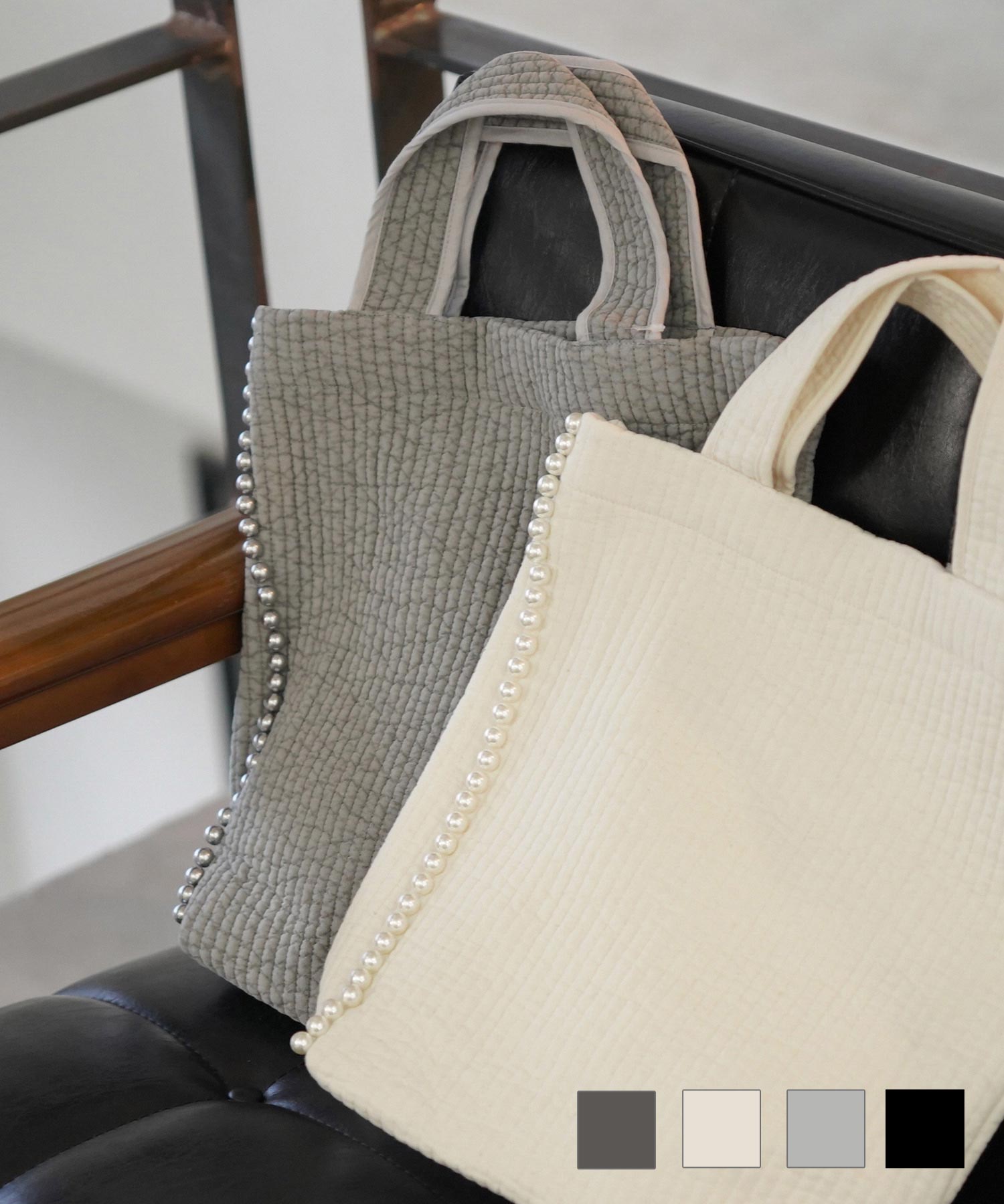 縦長パールトリムヌビバッグHUITチャコール/ブラック/アイボリー/グレー