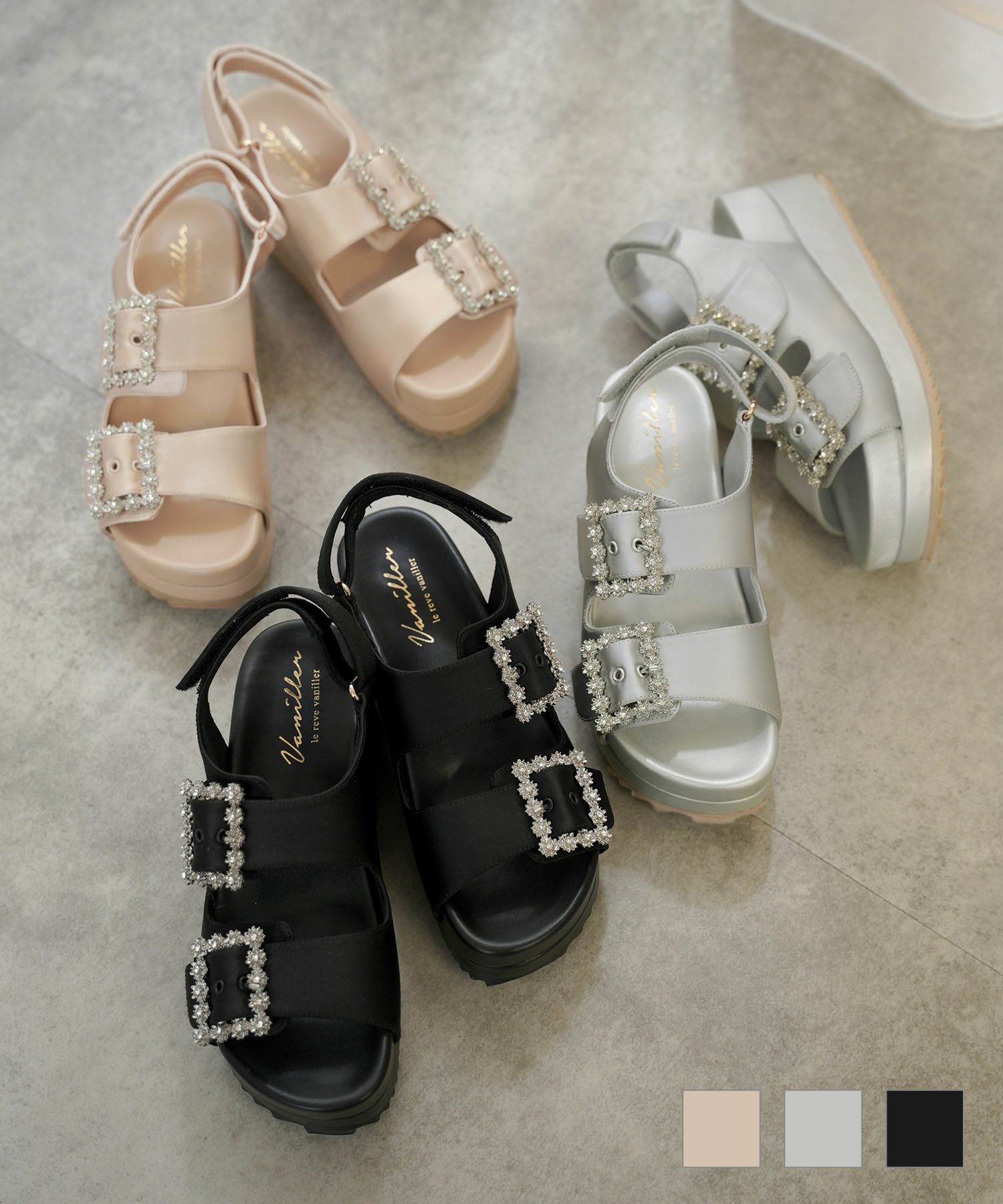 サテン 厚底 フラワービジュー スポーツサンダル le reve vaniller 全3  