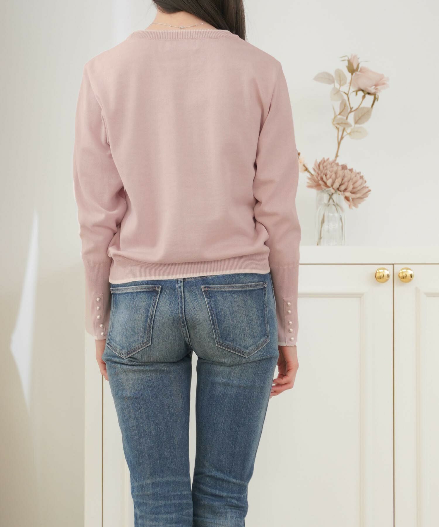 レディース/トップス/ニット/クルーネック/刺繍/リブ/ショート丈/長リブ/長袖/シンプル/配色/バイカラー/カジュアル/エレガント/フェミニン/上品/20代/30代/40代/10代/ボーダー/ピンク/サックス/チャコール