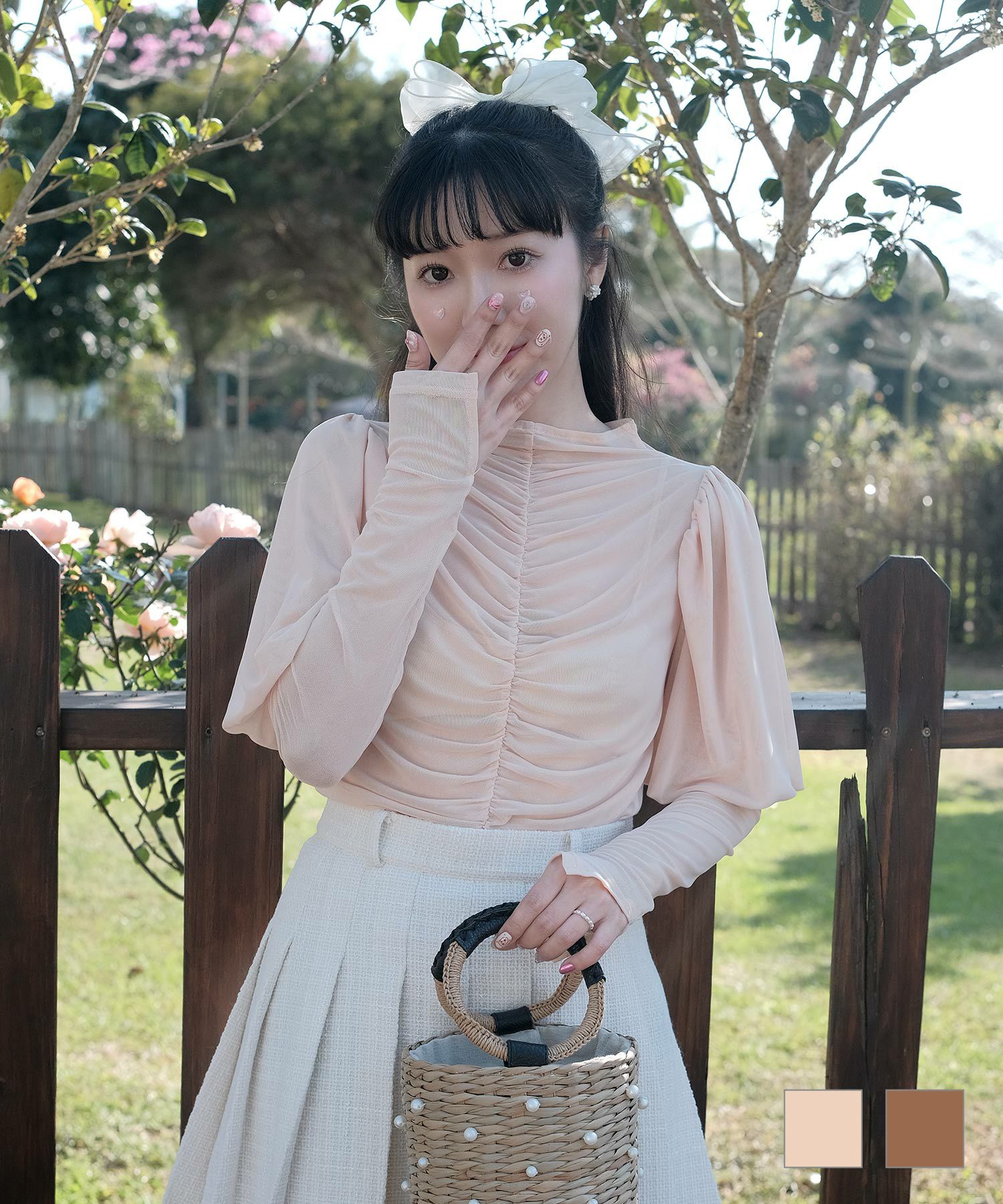 パフスリーブ ギャザー シアー トップス miolite