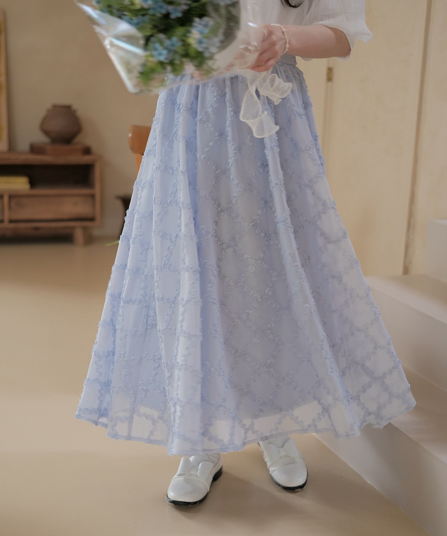 スカート/ギャザー/フレア/スカート/ホワイト/ブルー/M