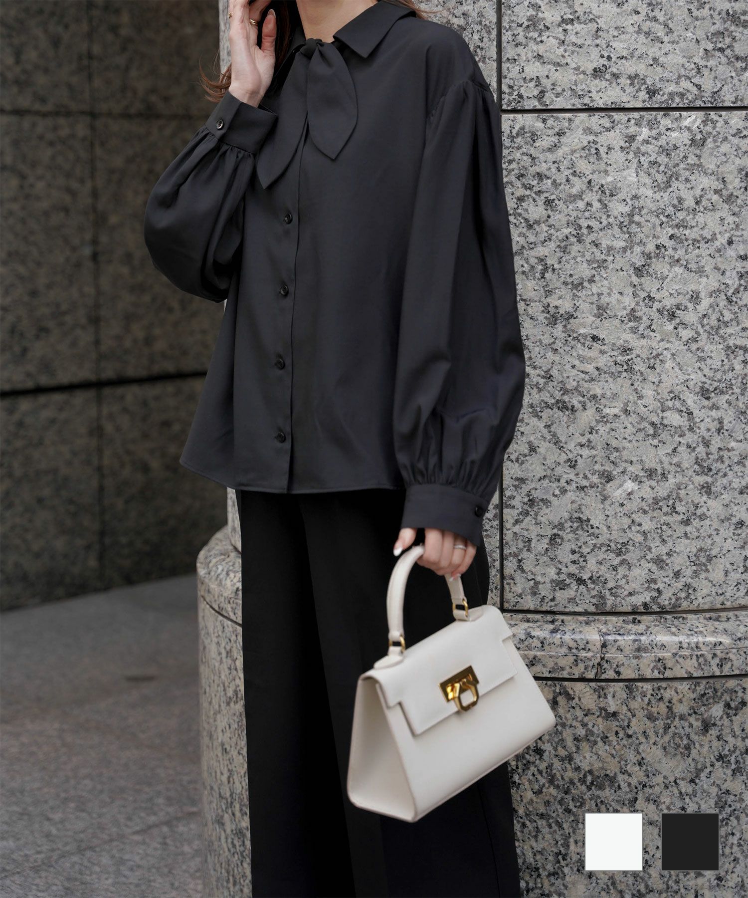 スカーフタイ ブラウス HUIT ホワイト/ブラック