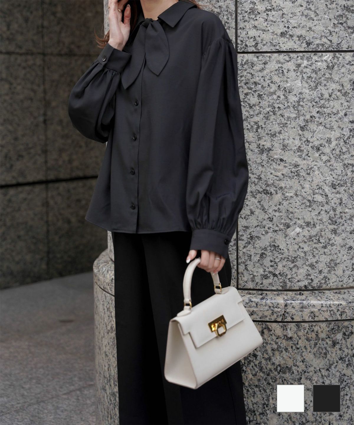 スカーフタイ ブラウス HUIT ホワイト/ブラック