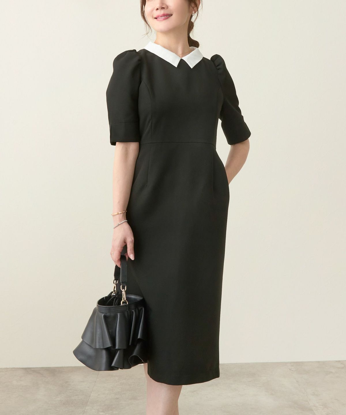 ワンピース レディース おしゃれ きれいめ オフィス 半袖 上品 黒 衿付き かわいい ファッション 裏地付き ジョイントスペース