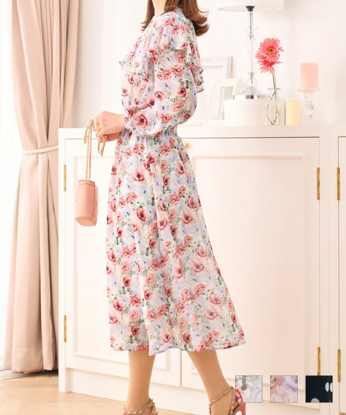 ラッフルケープカラー プリント シフォン ワンピース Prima Scherrer