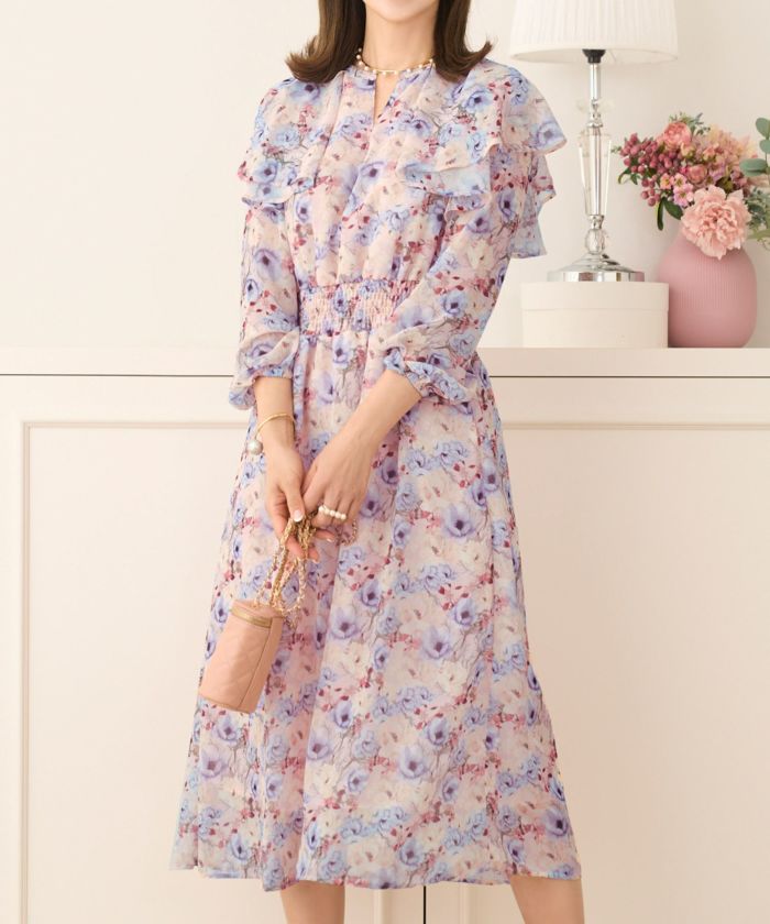 GW-SALE ラッフルケープカラー プリント シフォン ワンピース GW-SALE ラッフルケープカラー プリント シフォン ワンピース