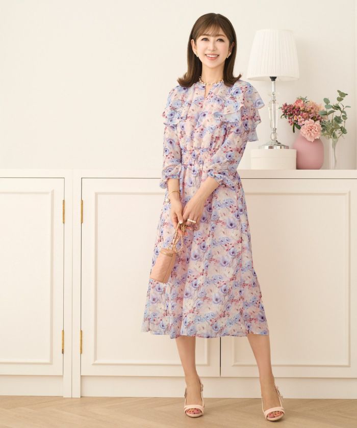 TIME-SALE ラッフルケープカラー プリント シフォン ワンピース