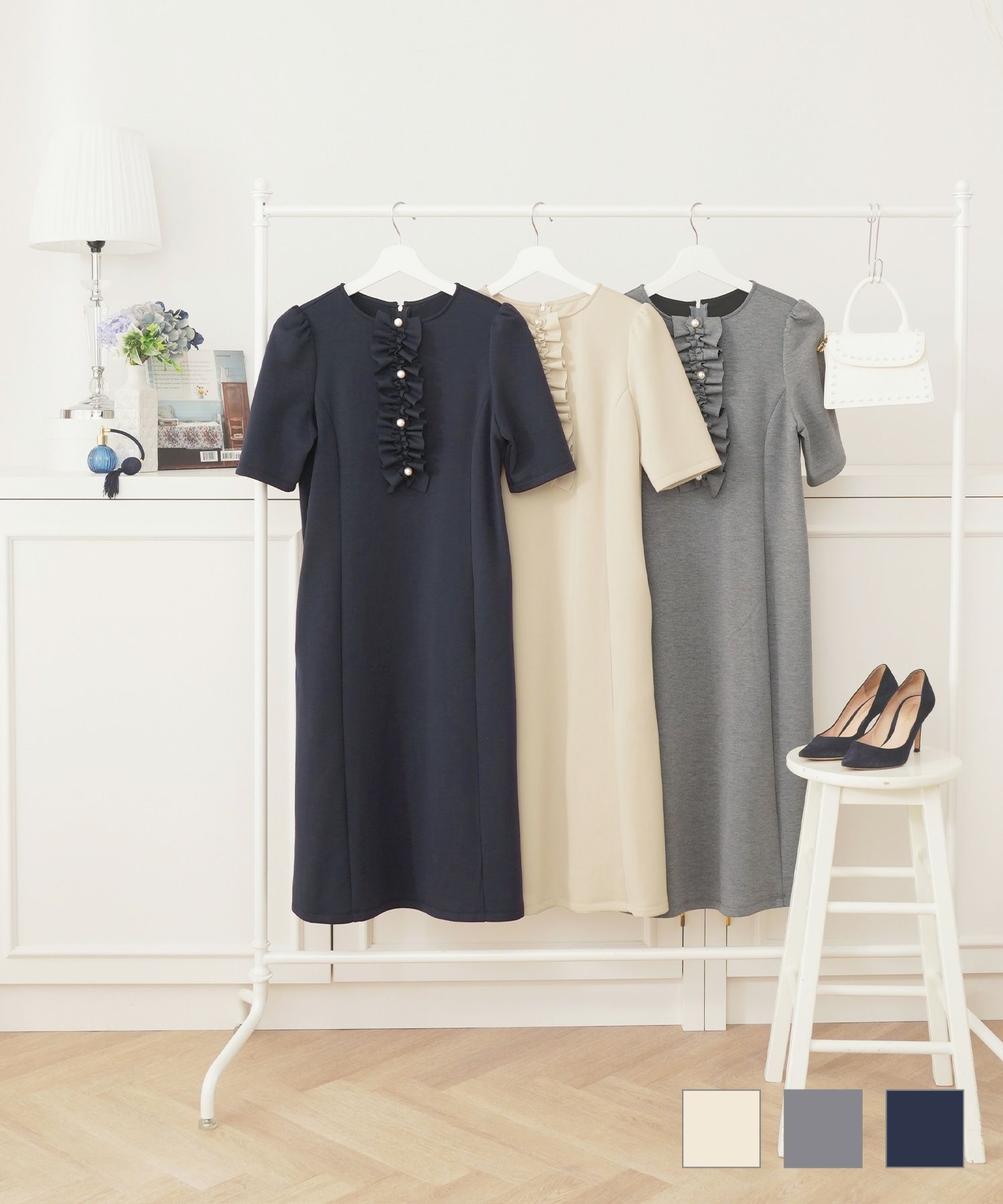 ギャザーフリル&パールリラックスワンピース半袖PrimaScherrer