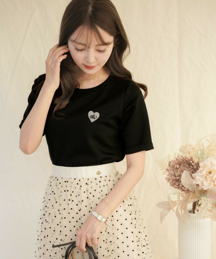 ハート 刺繍 クルーネック Tシャツ le reve vaniller 全4色 ハート 刺繍 クルーネック Tシャツ le reve vaniller 全4色