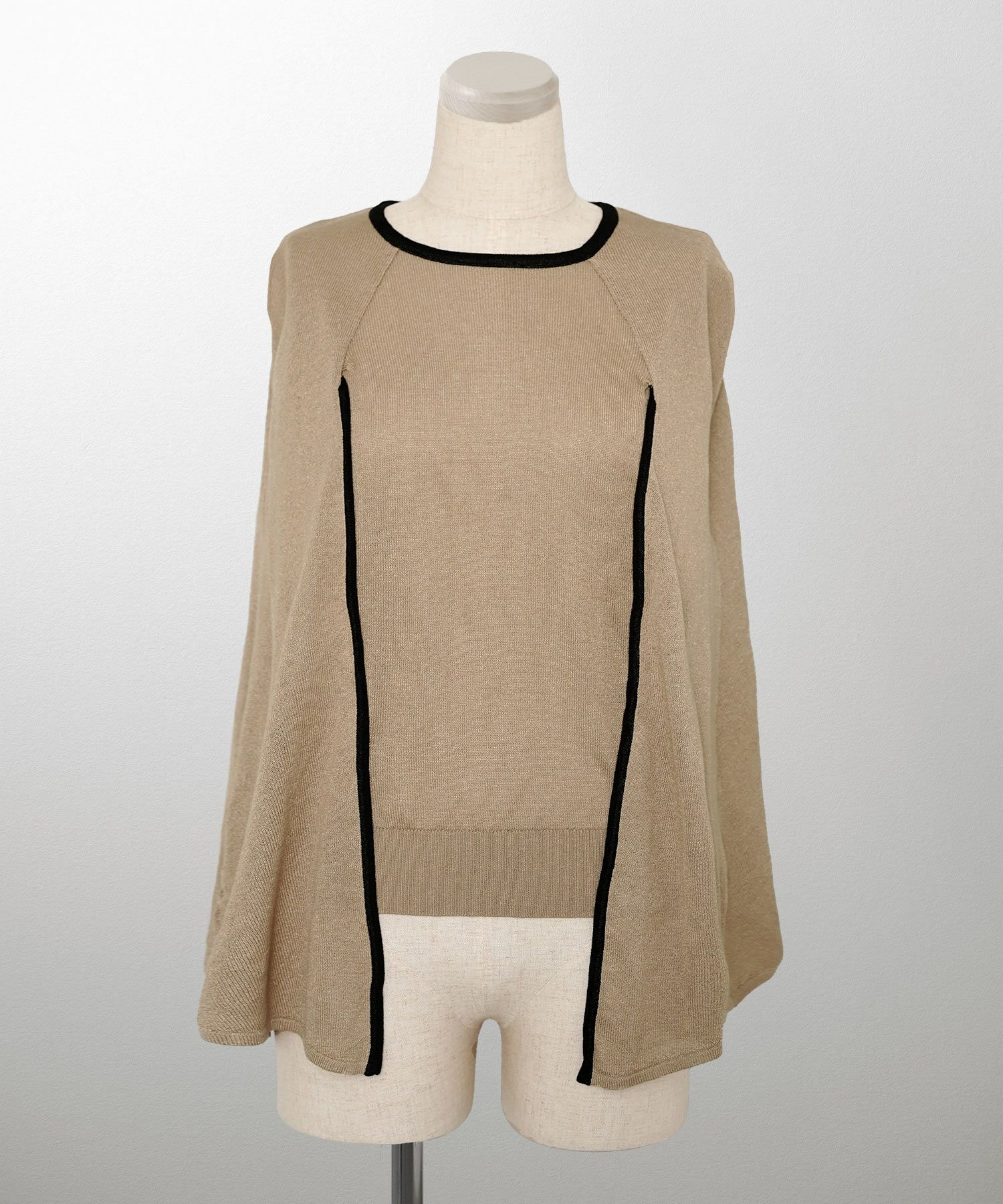 トップス/ラメ/ケープ/ニット/ベージュ×ブラック/ブラック×ホワイト/ネイビー/ピンクベージュ/ベージュ/ピンク/杢グレー/ブラック/M