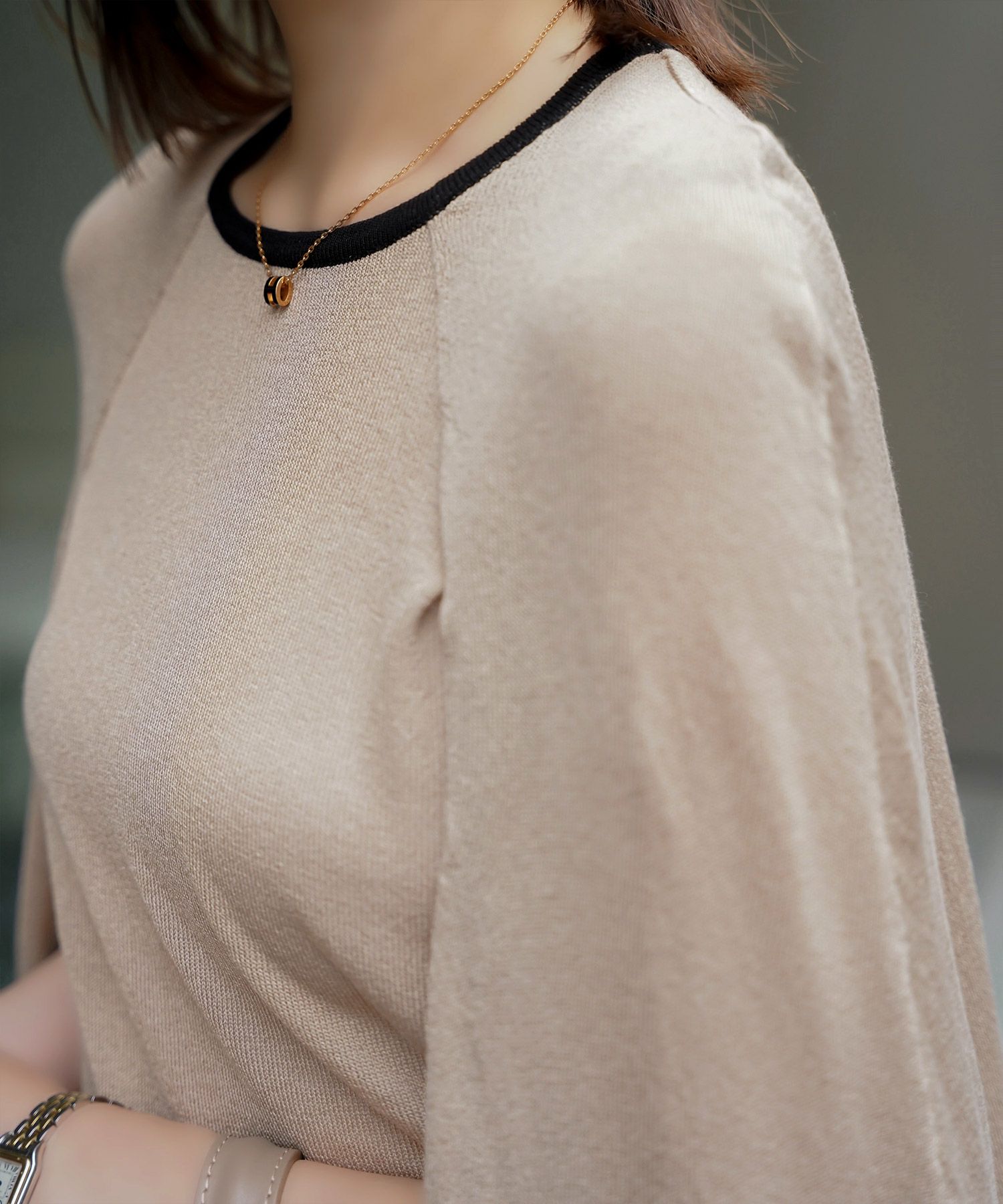 トップス/ラメ/ケープ/ニット/ベージュ×ブラック/ブラック×ホワイト/ネイビー/ピンクベージュ/ベージュ/ピンク/杢グレー/ブラック/M