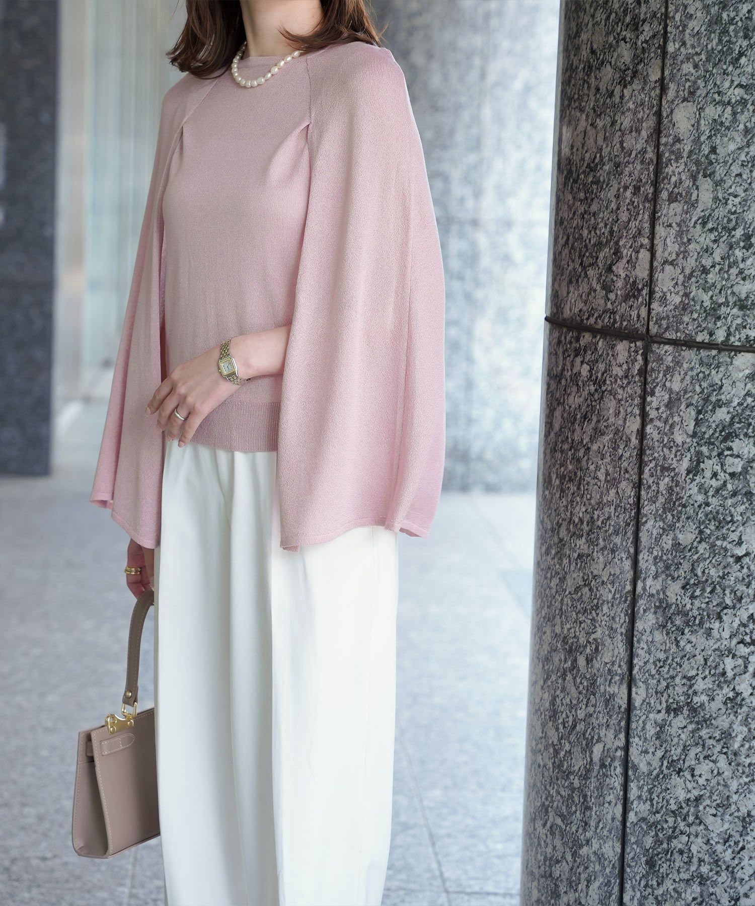 トップス/ラメ/ケープ/ニット/ベージュ×ブラック/ブラック×ホワイト/ネイビー/ピンクベージュ/ベージュ/ピンク/杢グレー/ブラック/M