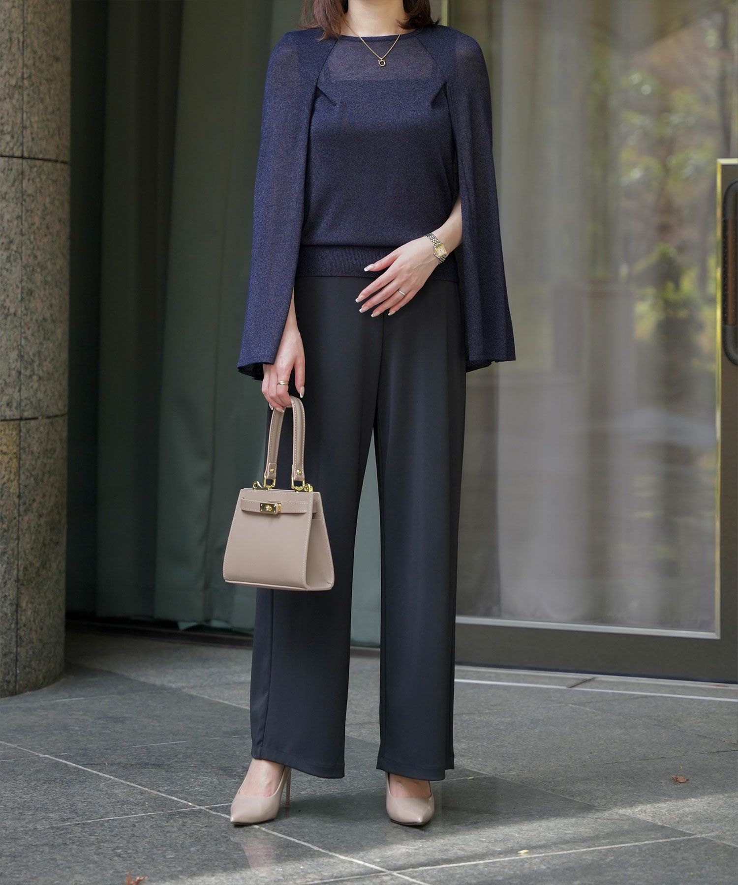 トップス/ラメ/ケープ/ニット/ベージュ×ブラック/ブラック×ホワイト/ネイビー/ピンクベージュ/ベージュ/ピンク/杢グレー/ブラック/M