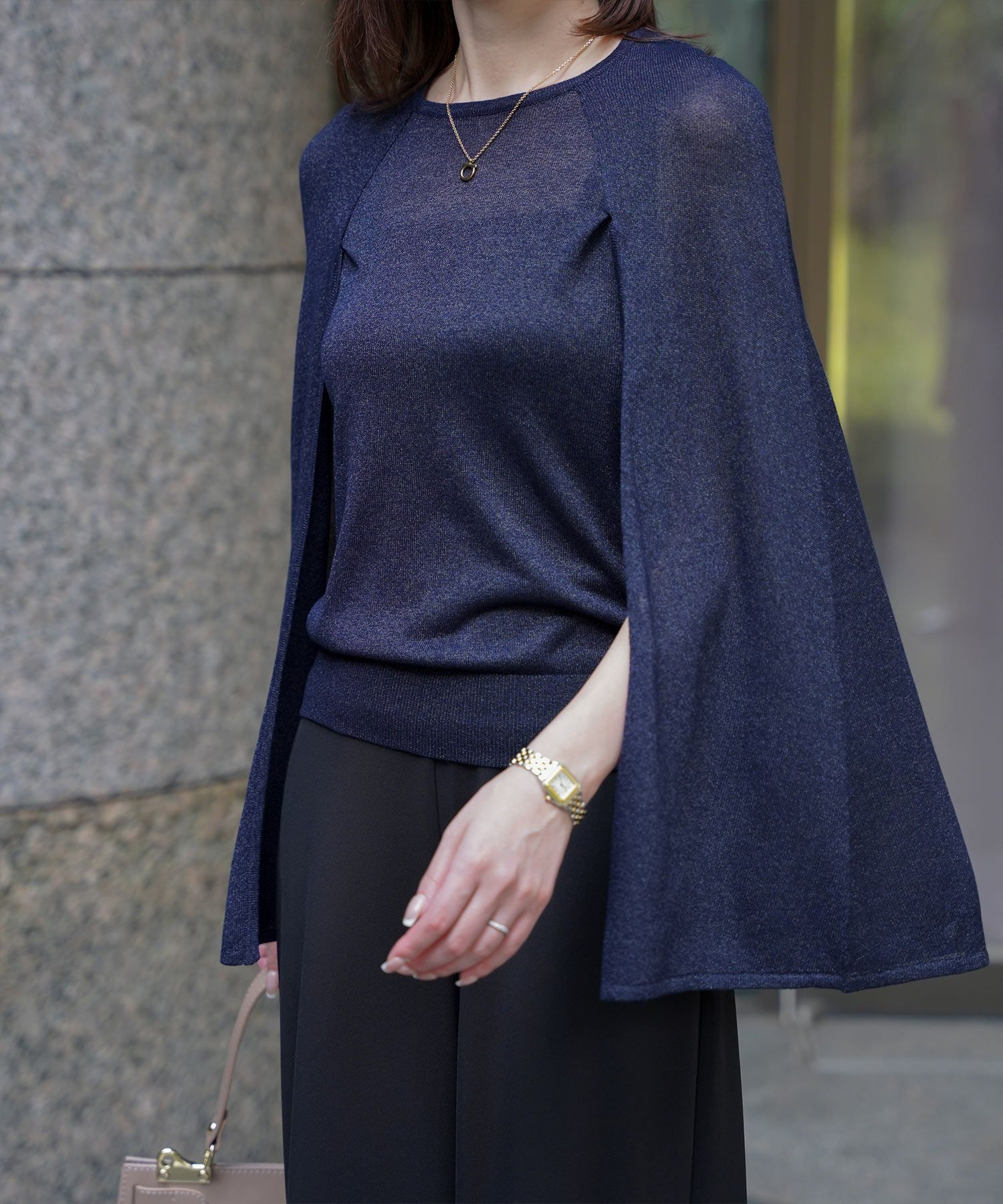 トップス/ラメ/ケープ/ニット/ベージュ×ブラック/ブラック×ホワイト/ネイビー/ピンクベージュ/ベージュ/ピンク/杢グレー/ブラック/M