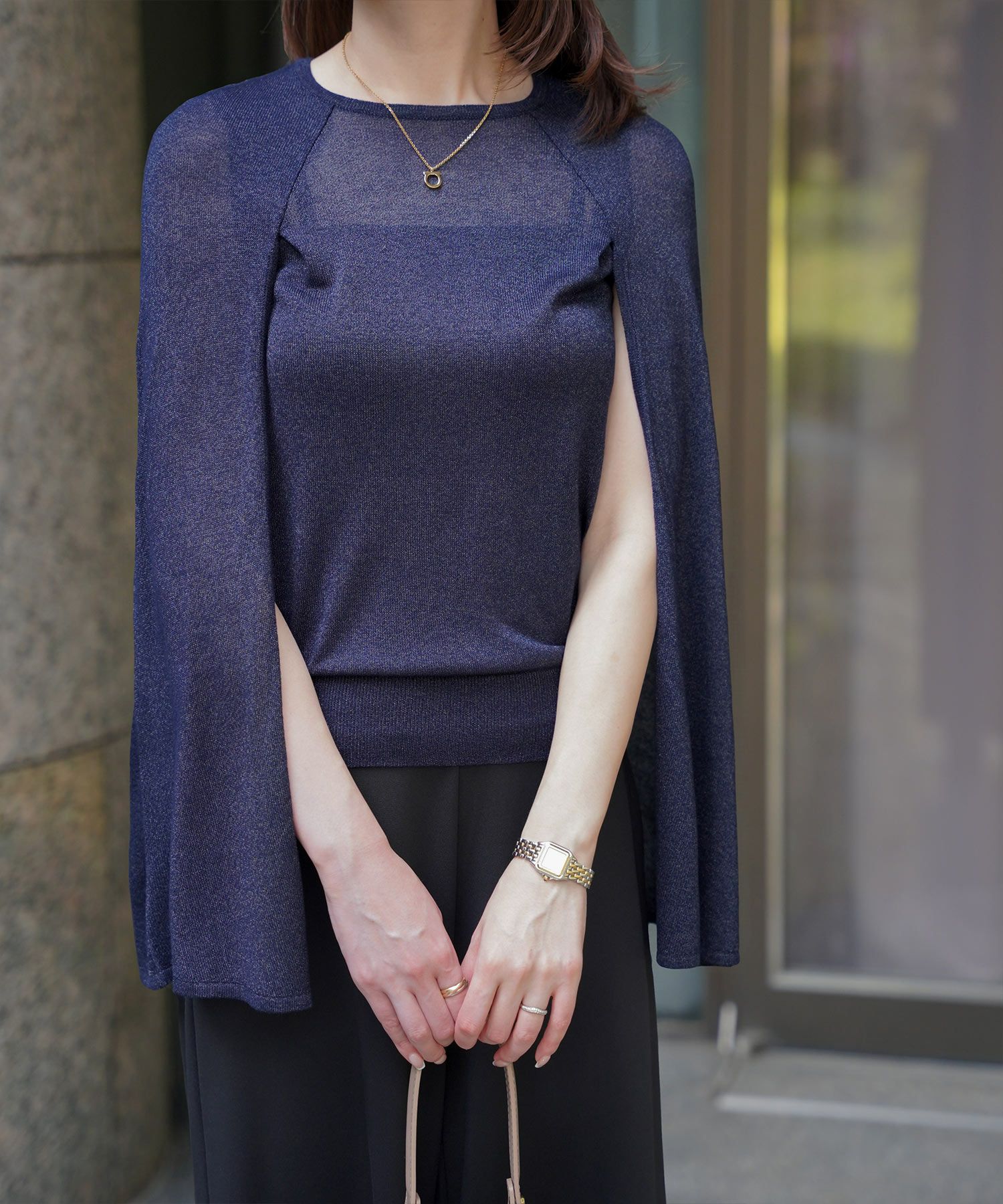 トップス/ラメ/ケープ/ニット/ベージュ×ブラック/ブラック×ホワイト/ネイビー/ピンクベージュ/ベージュ/ピンク/杢グレー/ブラック/M