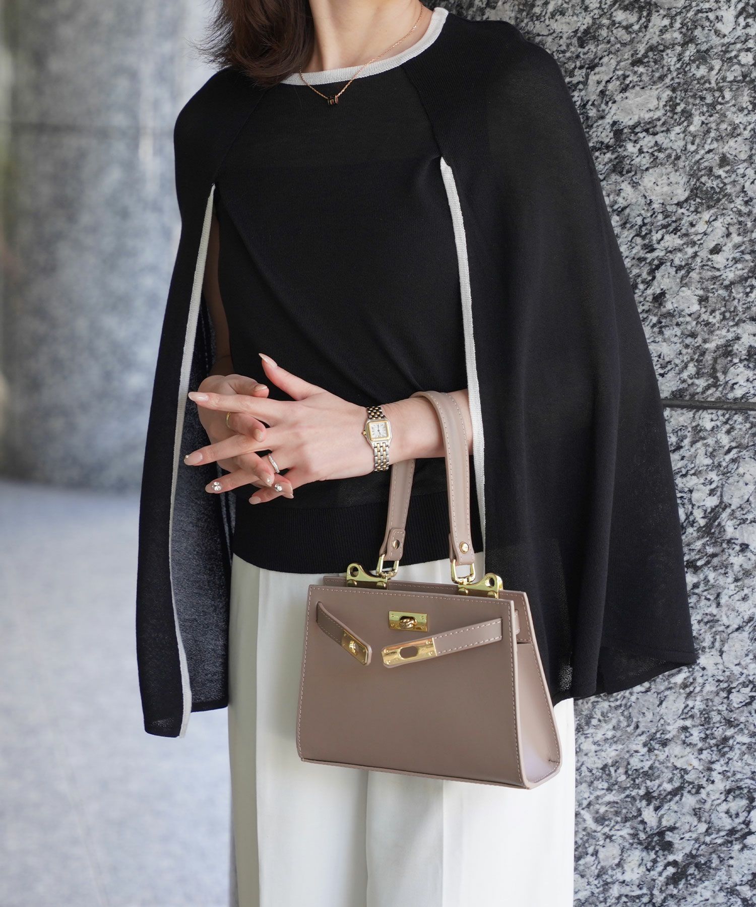 トップス/ラメ/ケープ/ニット/ベージュ×ブラック/ブラック×ホワイト/ネイビー/ピンクベージュ/ベージュ/ピンク/杢グレー/ブラック/M