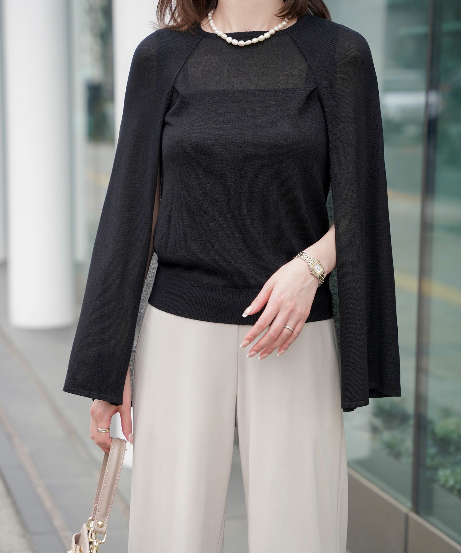 トップス/ラメ/ケープ/ニット/ネイビー/ピンクベージュ/ベージュ/ピンク/杢グレー/ブラック/M