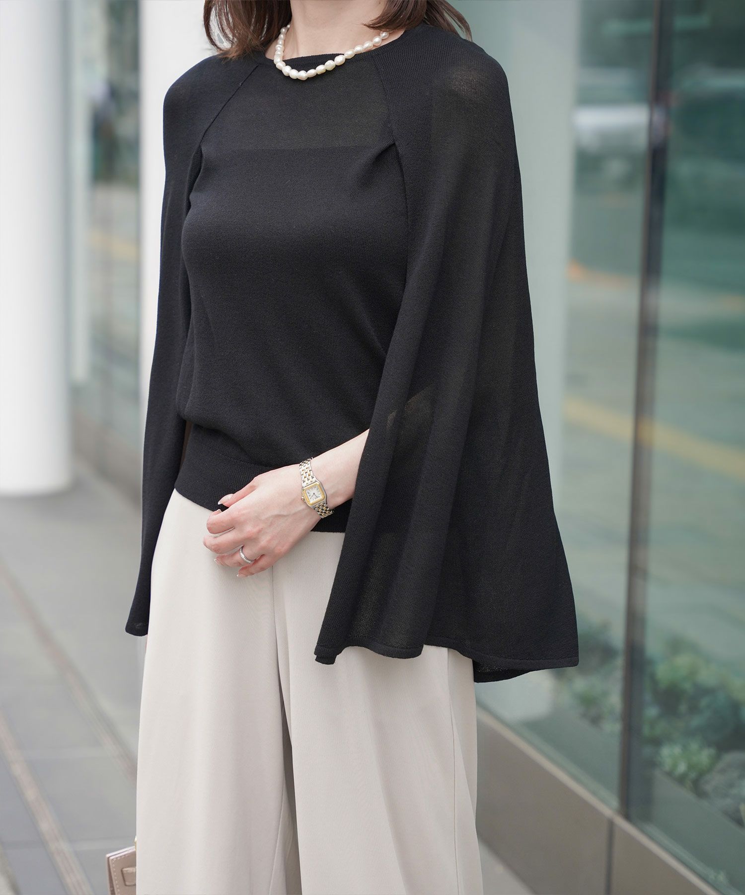 トップス/ラメ/ケープ/ニット/ネイビー/ピンクベージュ/ベージュ/ピンク/杢グレー/ブラック/M