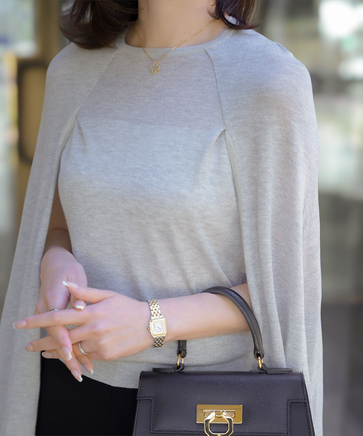 トップス/ラメ/ケープ/ニット/ネイビー/ピンクベージュ/ベージュ/ピンク/杢グレー/ブラック/M