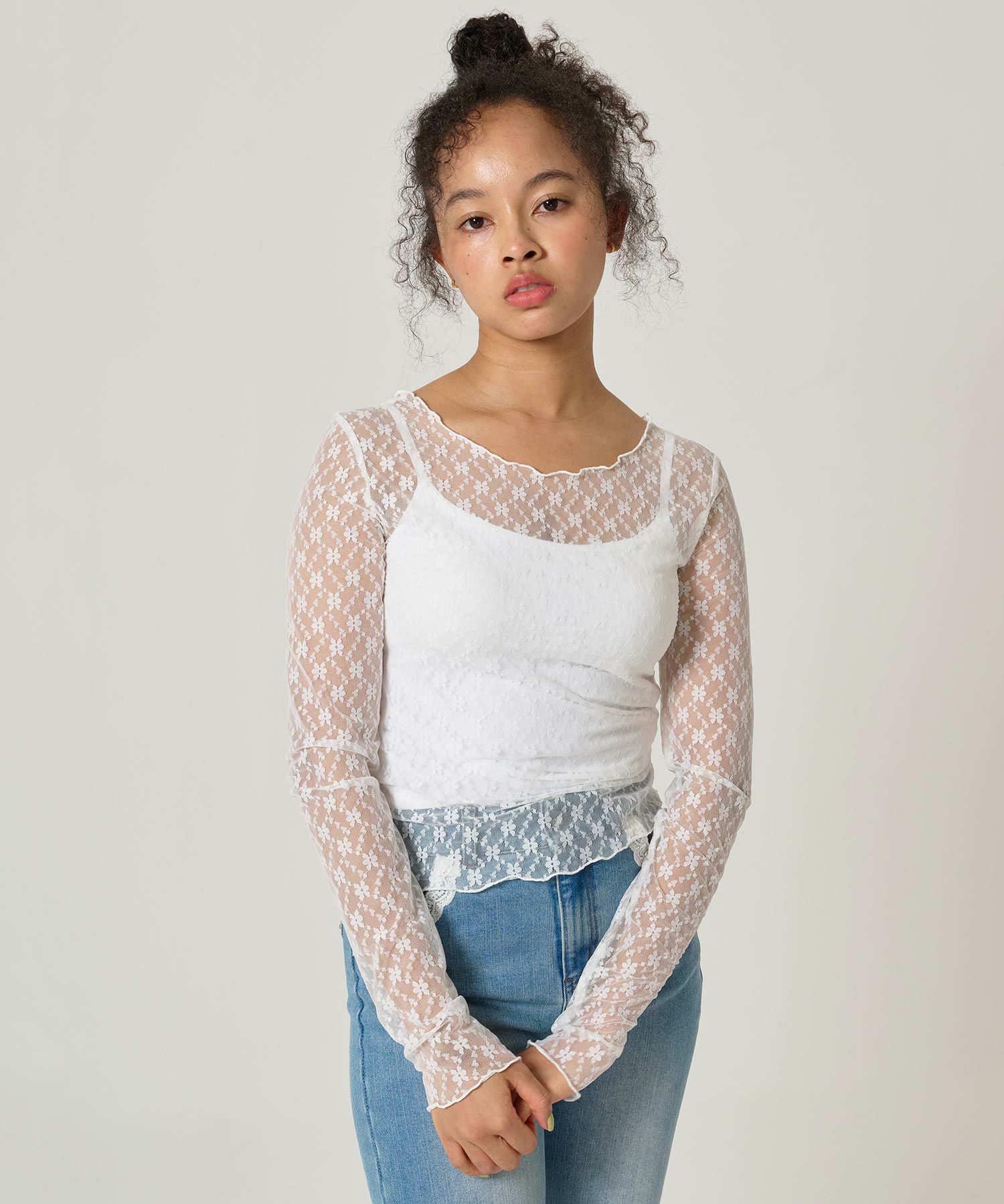 トップス/シアー/レースカット/花柄/メロウ