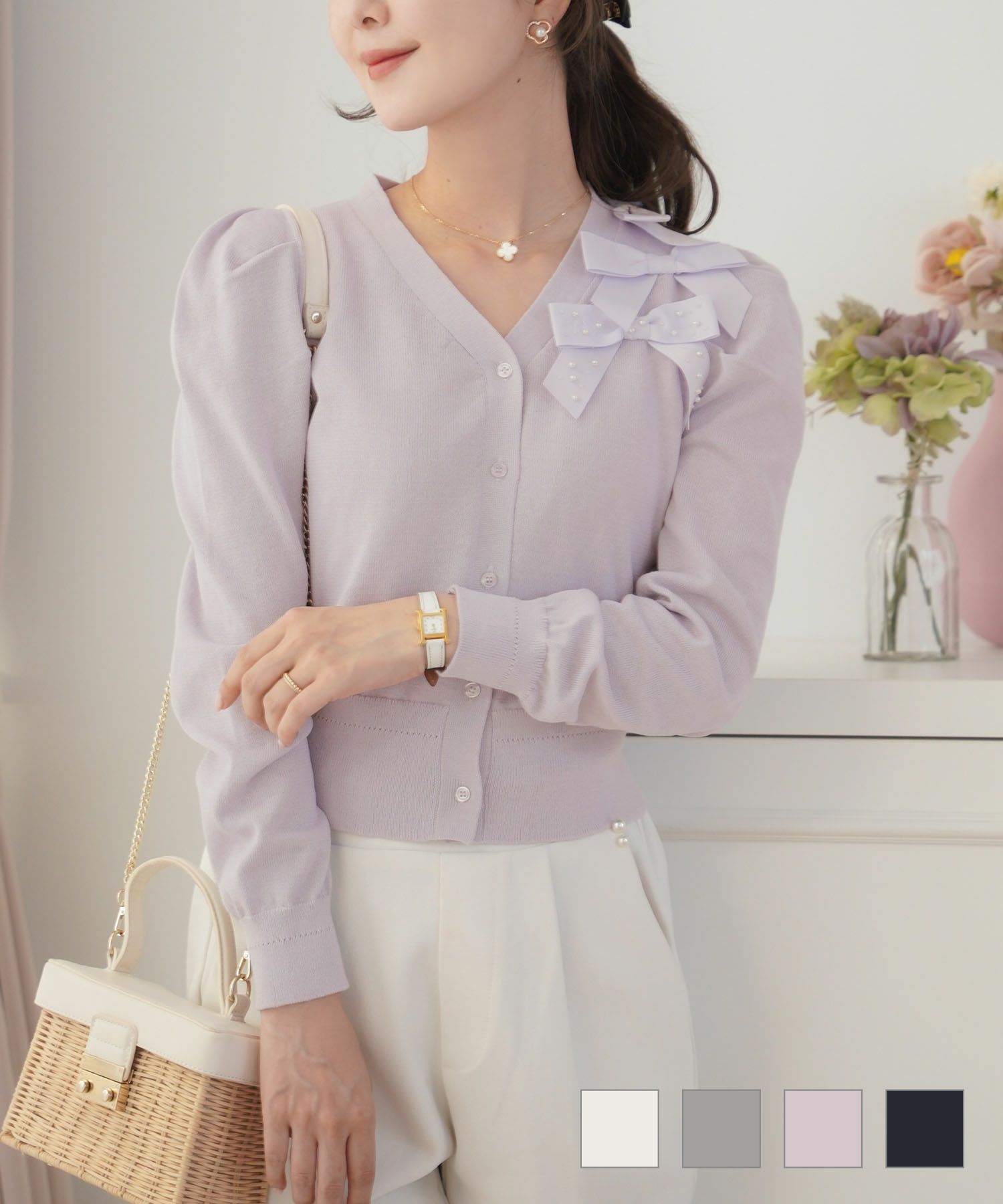 パール＆ビーズ 肩リボン カーディガン le reve vaniller アイボリー/ライトグレー/ラベンダー/ネイビー