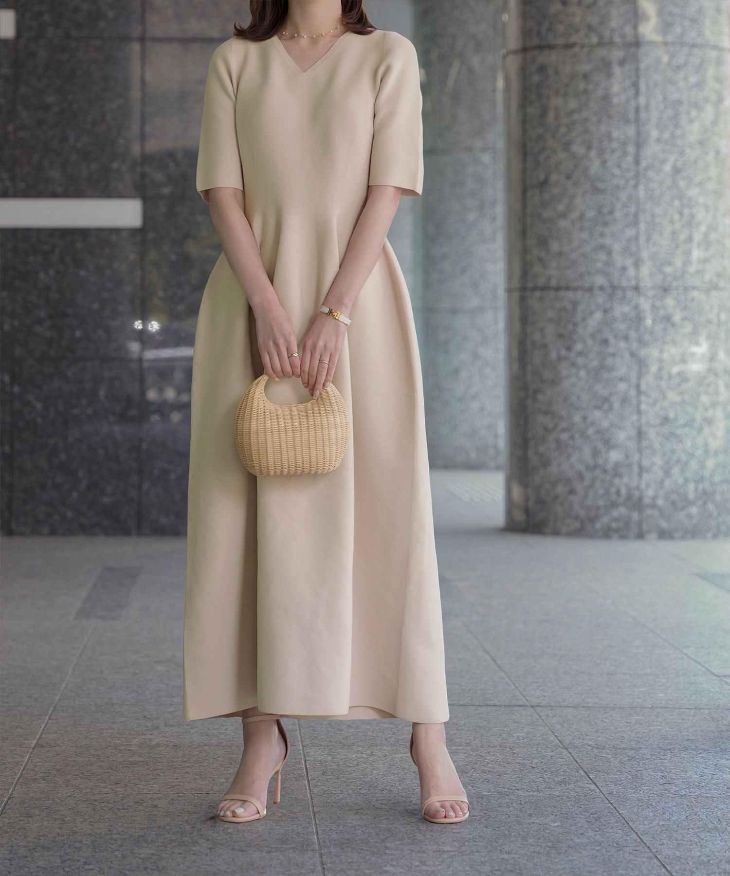 ワンピース/Vネック/ホールガーメント/ニット/ワンピース/ベージュ/サックス/ネイビー/ブラック/S/M