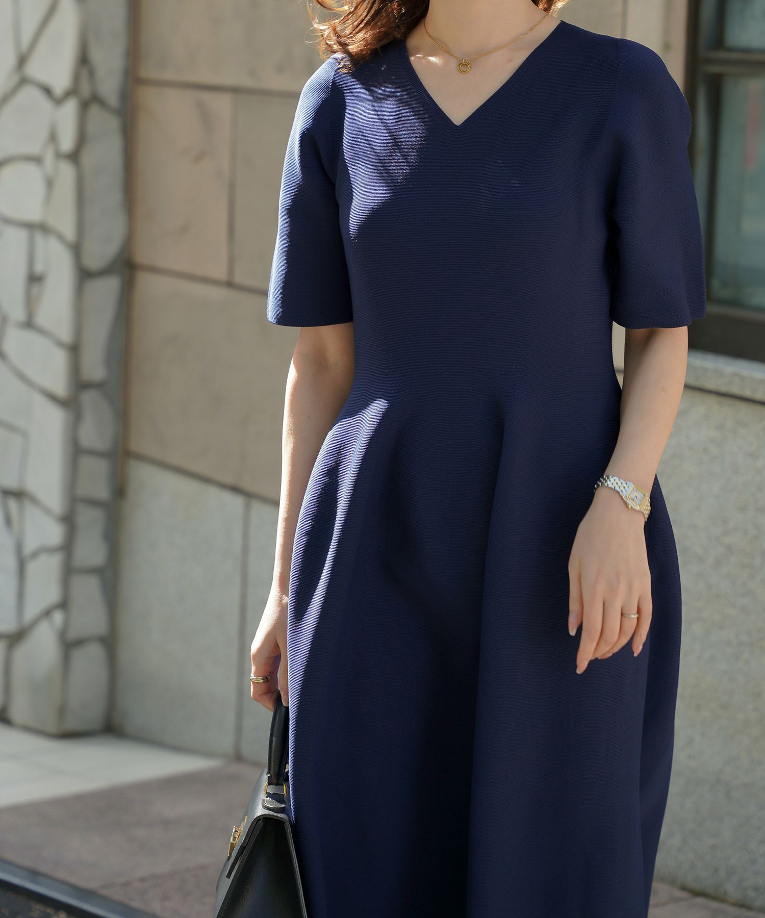 ワンピース/Vネック/ホールガーメント/ニット/ワンピース/ベージュ/サックス/ネイビー/ブラック/S/M