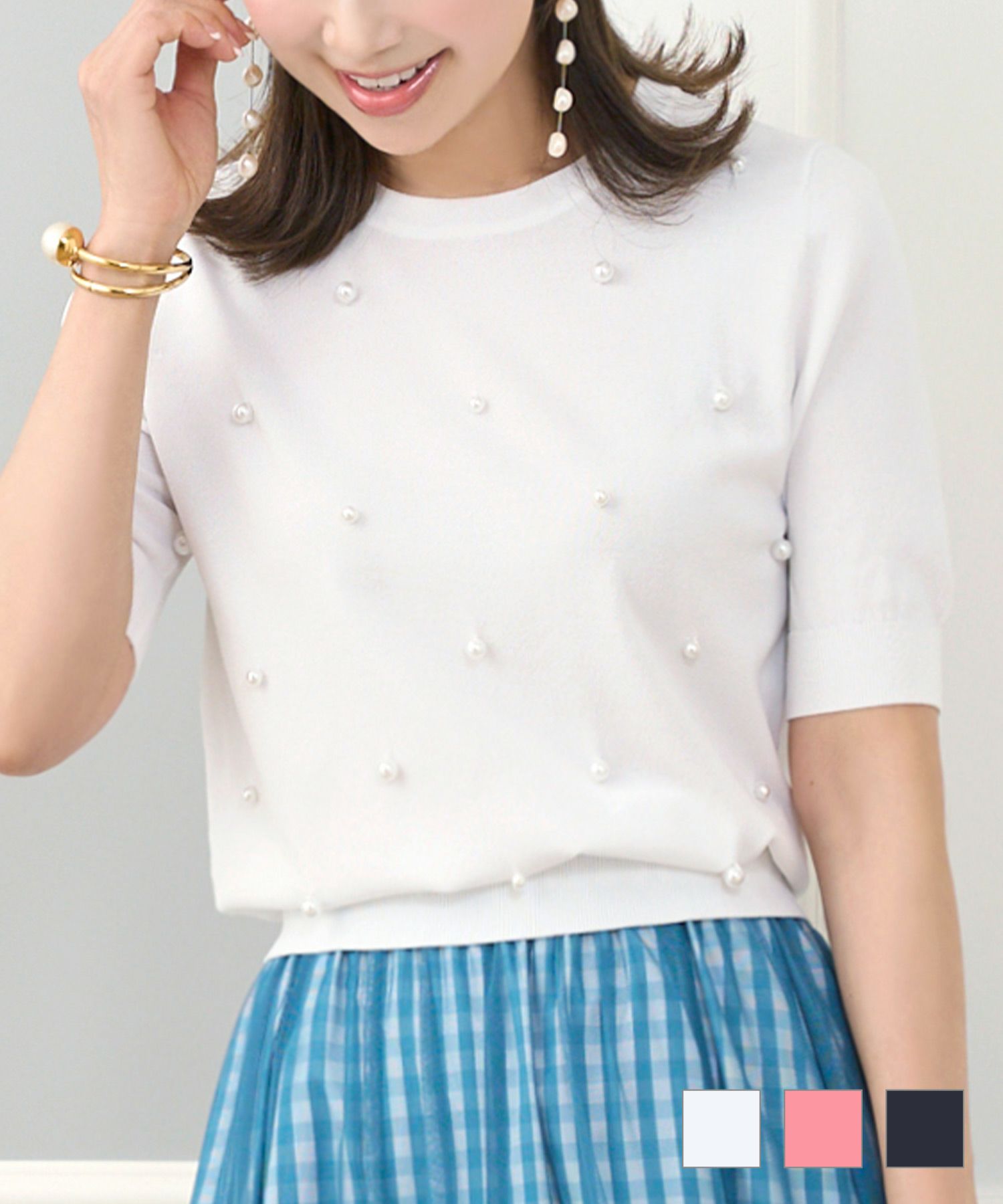 パール付きサマーニット半袖PrimaScherrer全3色｜psc421-0832【1】