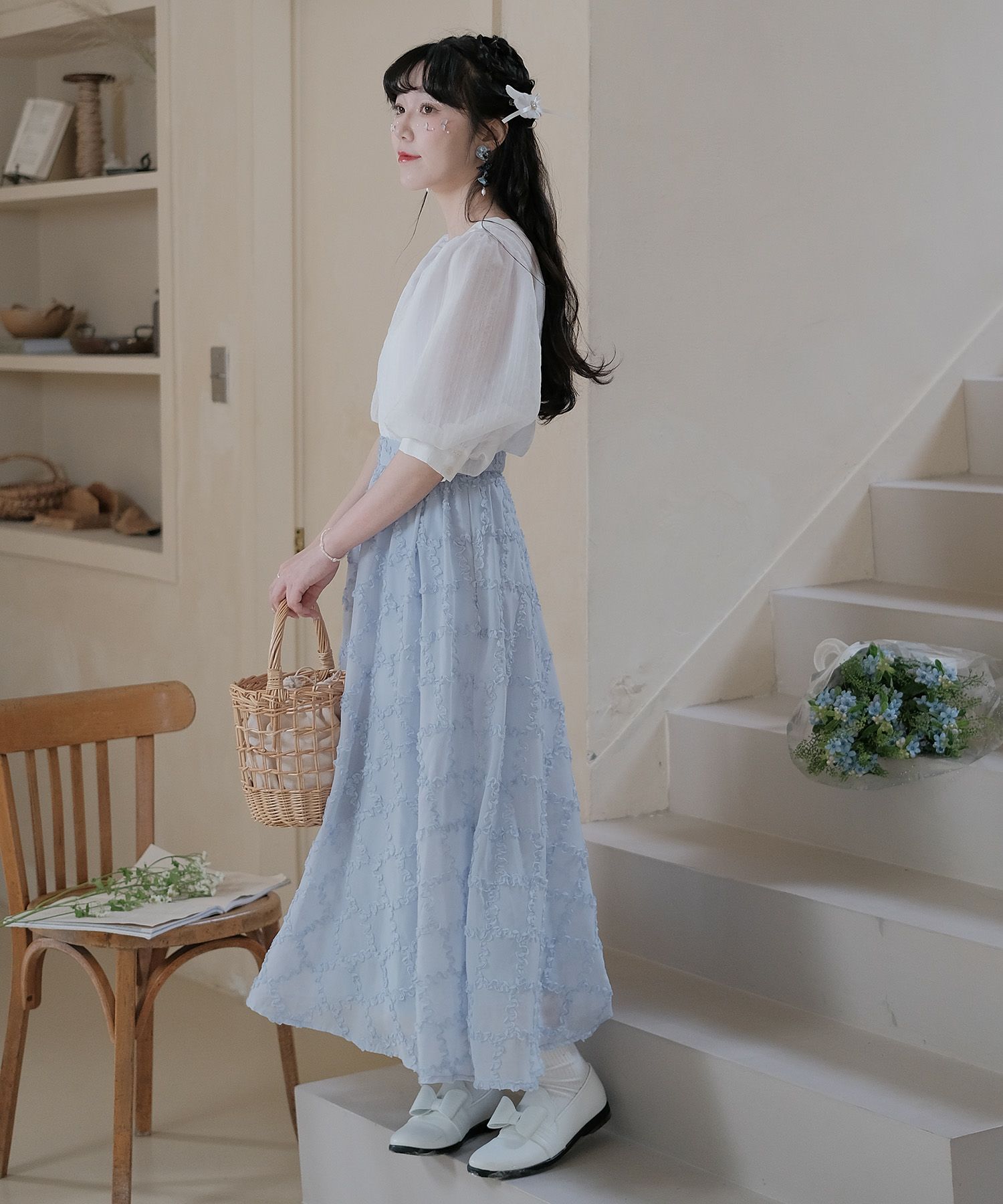 ブラウス/インナー付き/2WAY/シアーブラウス/オフホワイト/ブルー/M