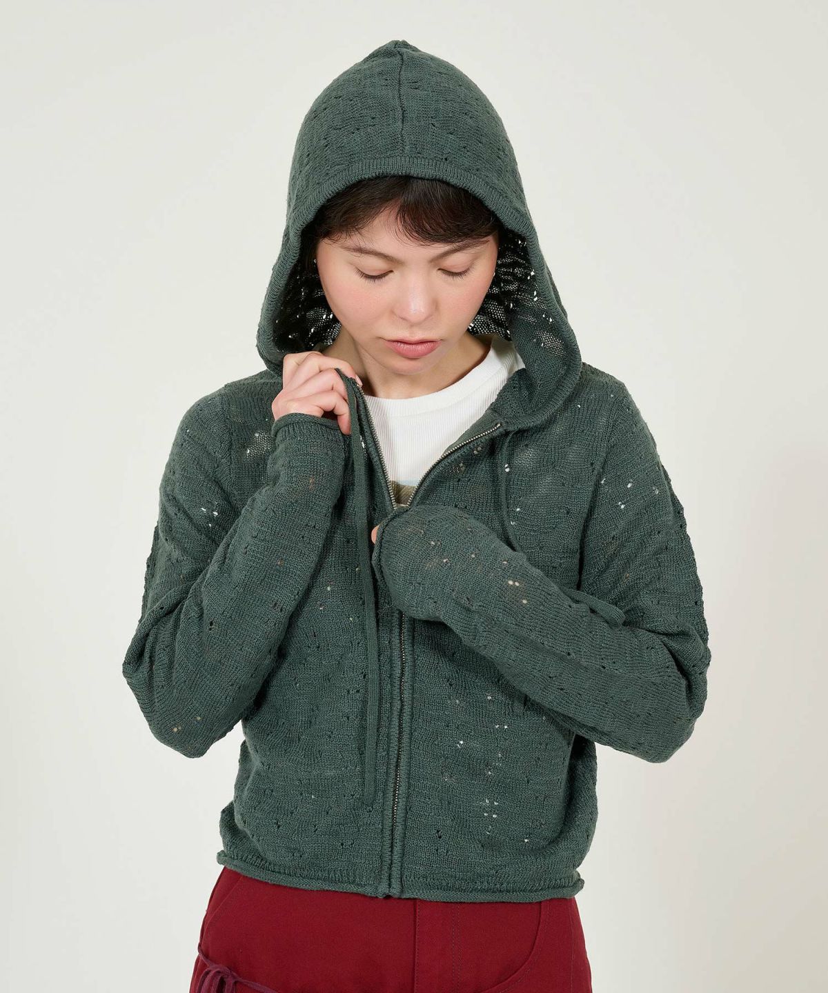 TINA JOJUN アイレット柄 ニットフーディー ベージュ M TINA：JOJUN パーカー アイレット柄 ニットフーディー