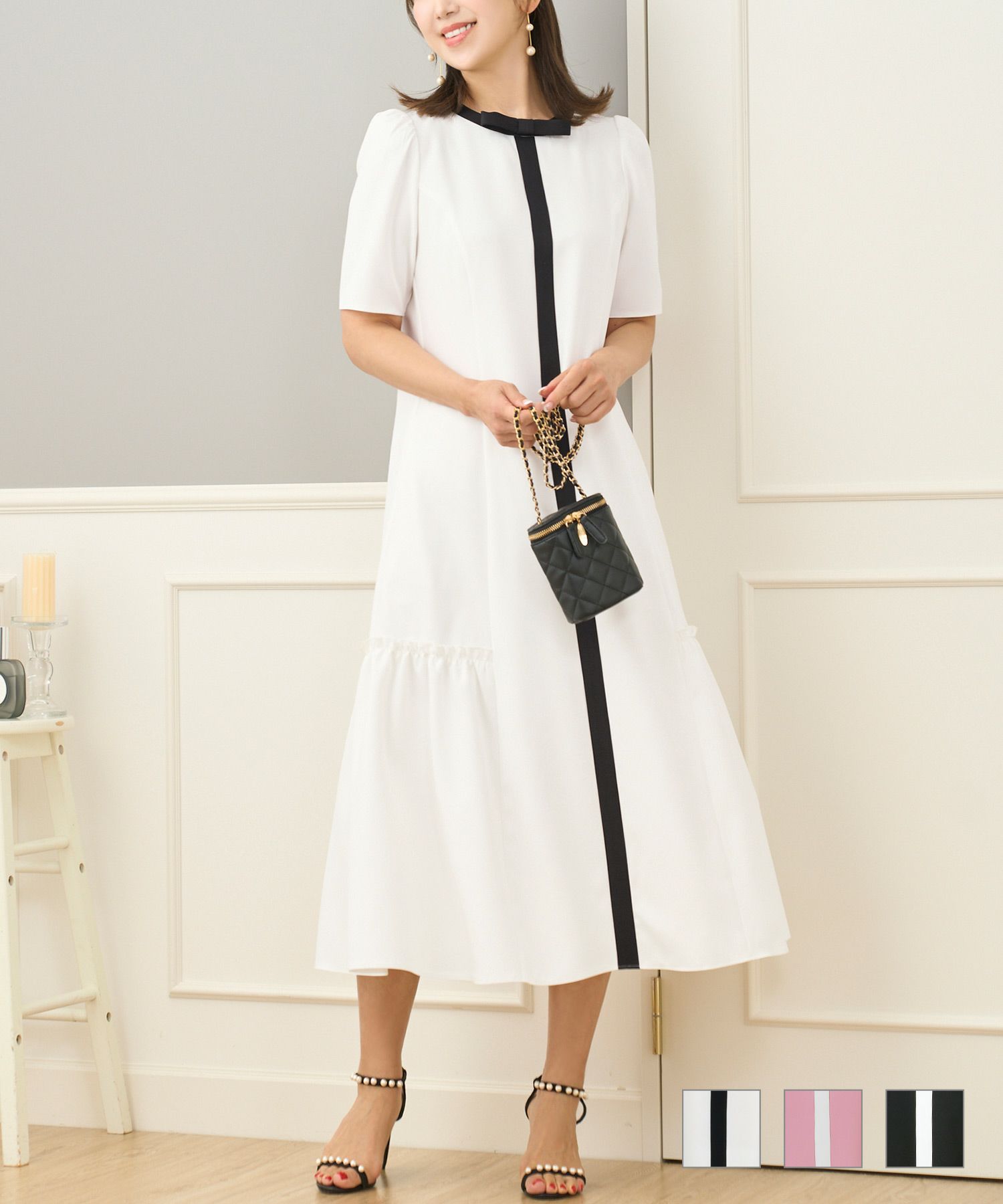 配色リボンリラックスストレッチワンピース半袖PrimaScherrer全3色｜psc321-0835【1】