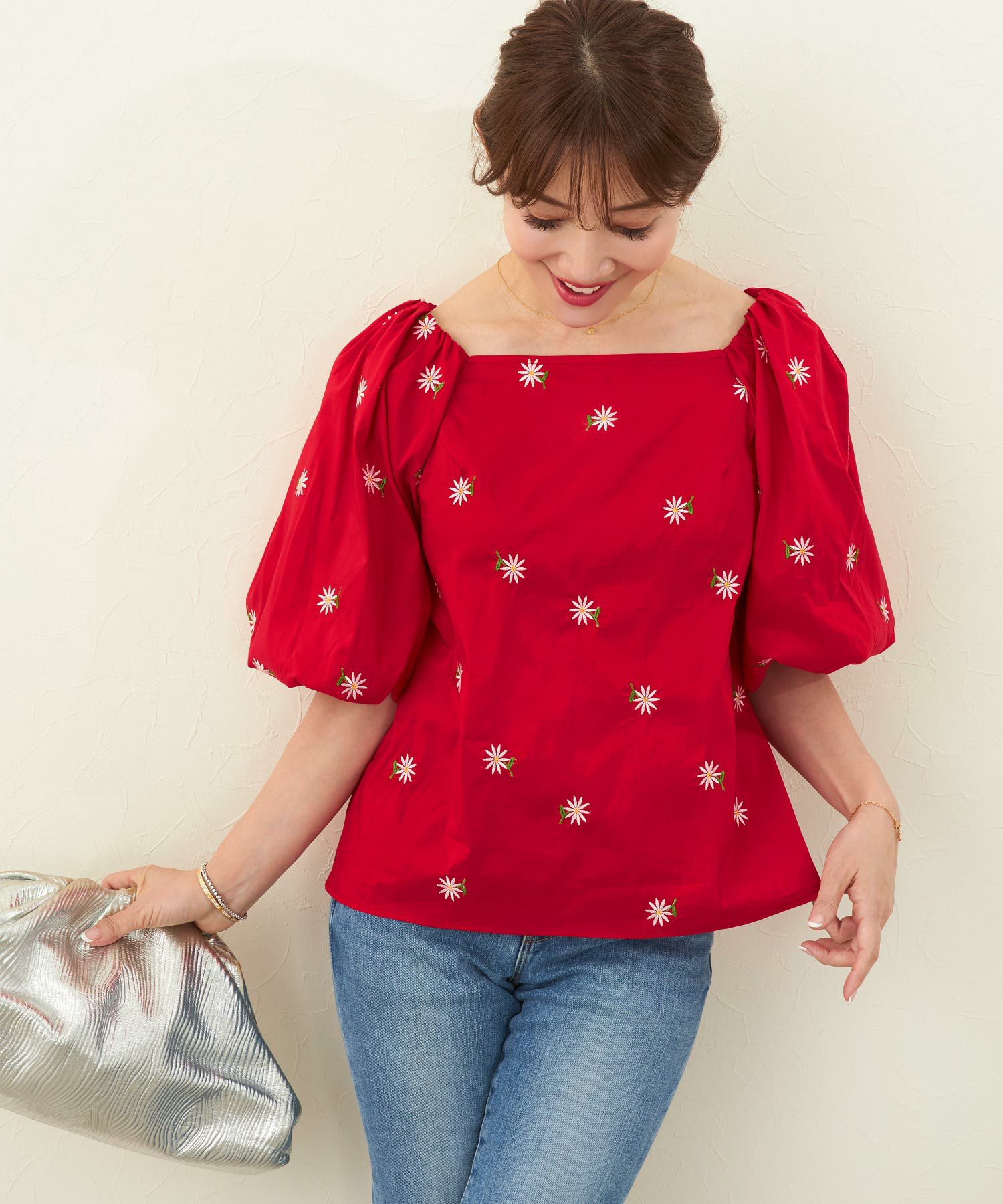 マーガレット 花刺繍 パフスリーブ ブラウス 半袖 Liala×PG 全3色