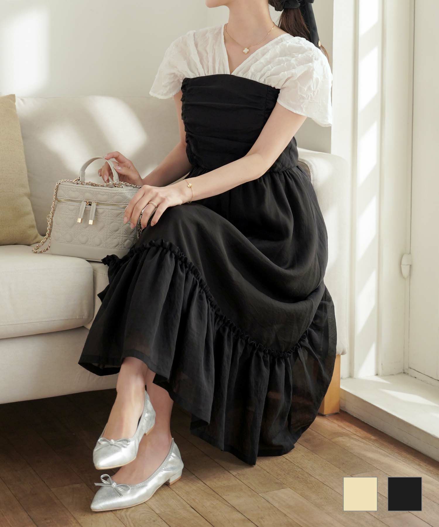 バックリボン シアー ドレスワンピース le reve vaniller レモン/ブラック