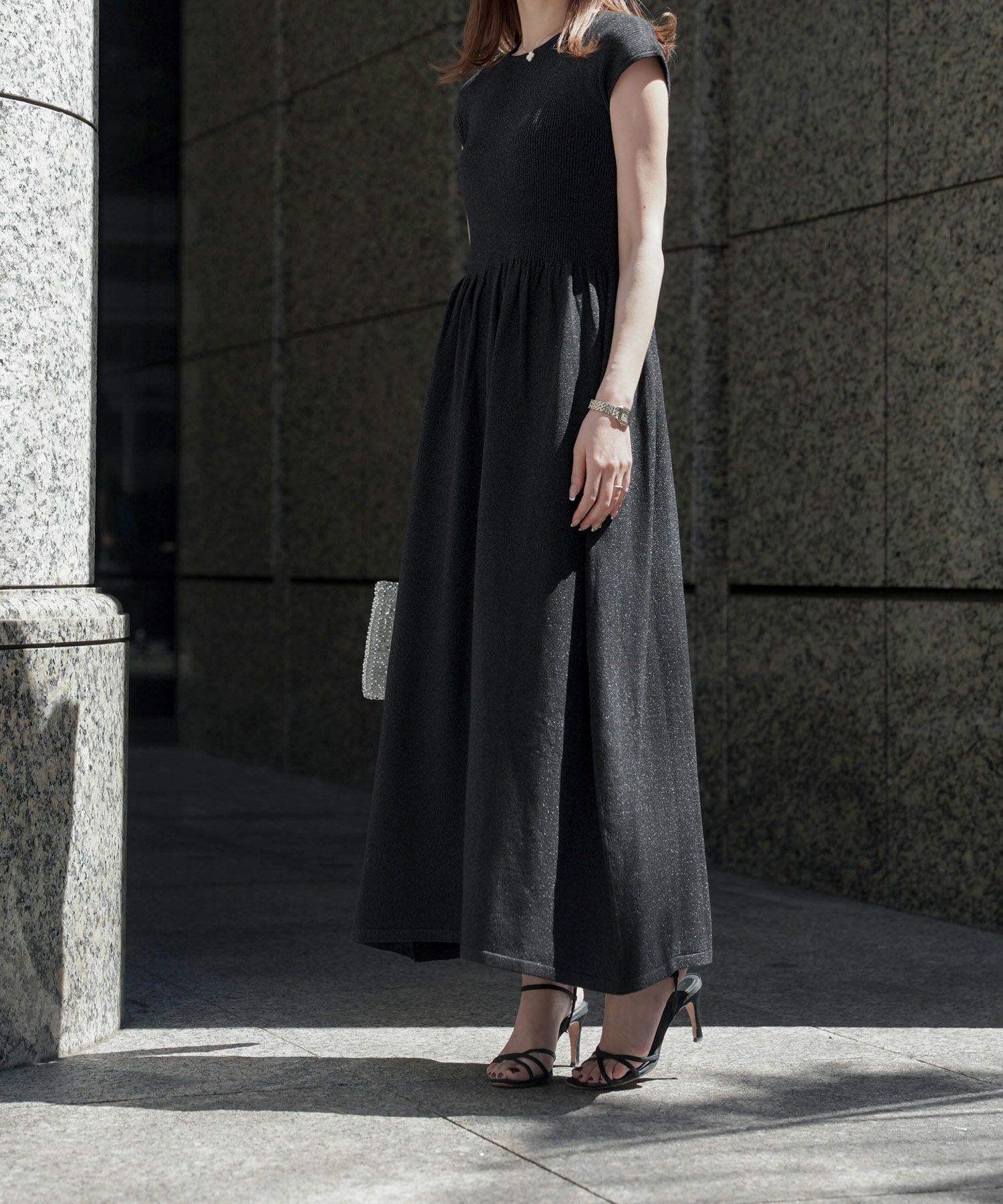 ワンピース/ラメ/サマーニット/ワンピース/チャコール/ベージュ/ブラック/S/M