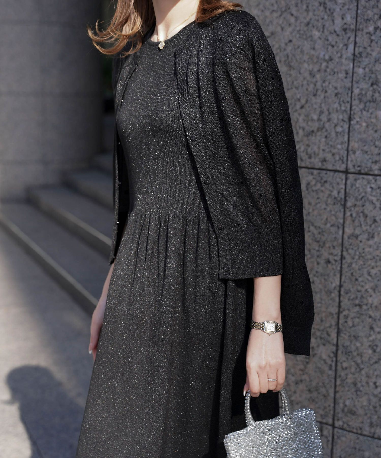 ワンピース/ラメ/サマーニット/ワンピース/チャコール/ベージュ/ブラック/S/M