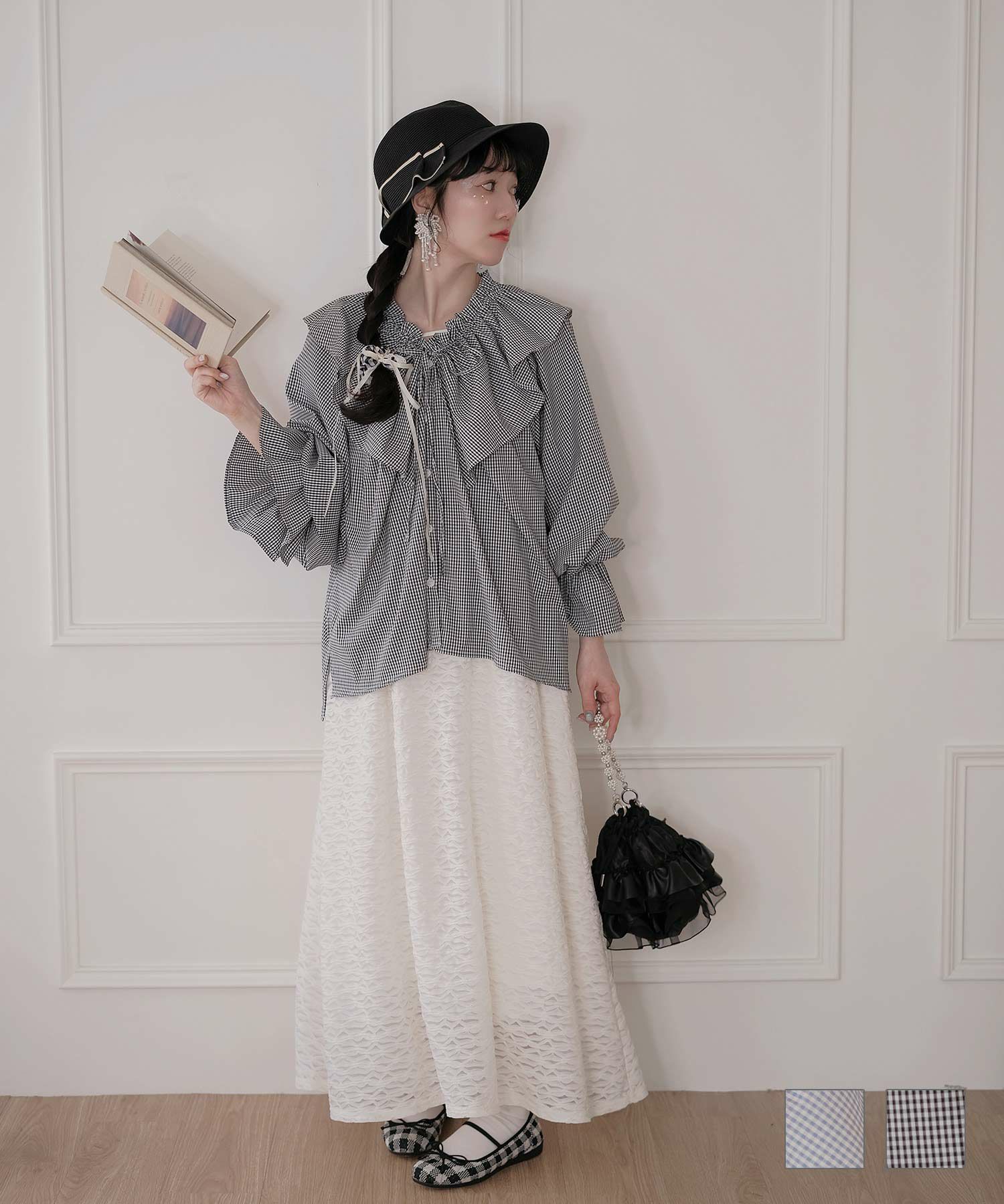 マチャット ギンガムチェック オーバーブラウス リボン付きバルーン袖  