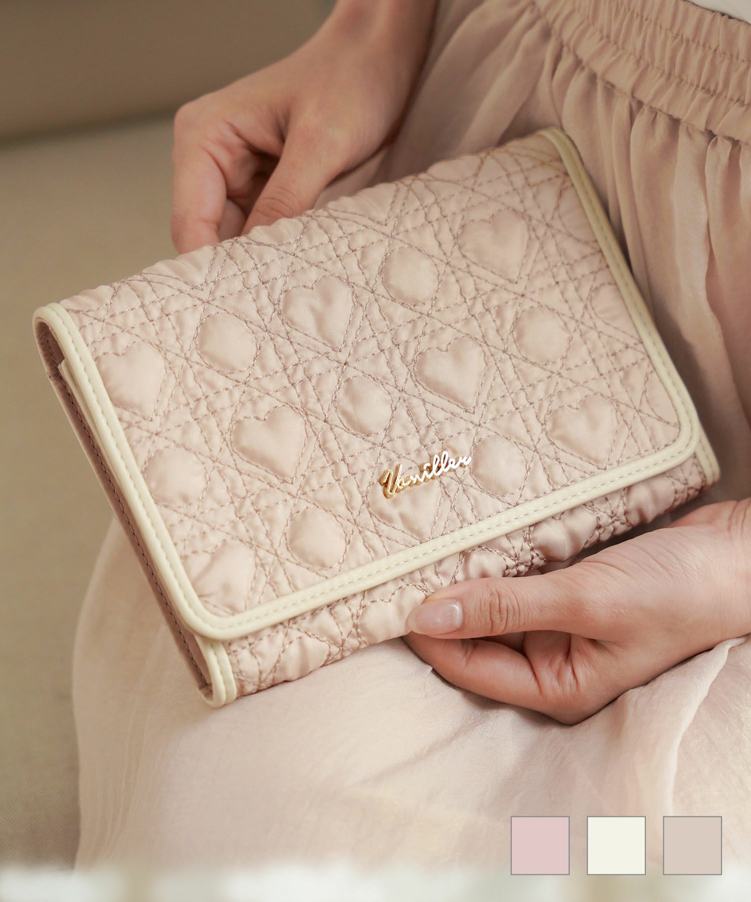 オリジナルハートキルティングウォレット＆マルチケースlerevevanillerローズピンク/スノーホワイト/ストロベリーミルク